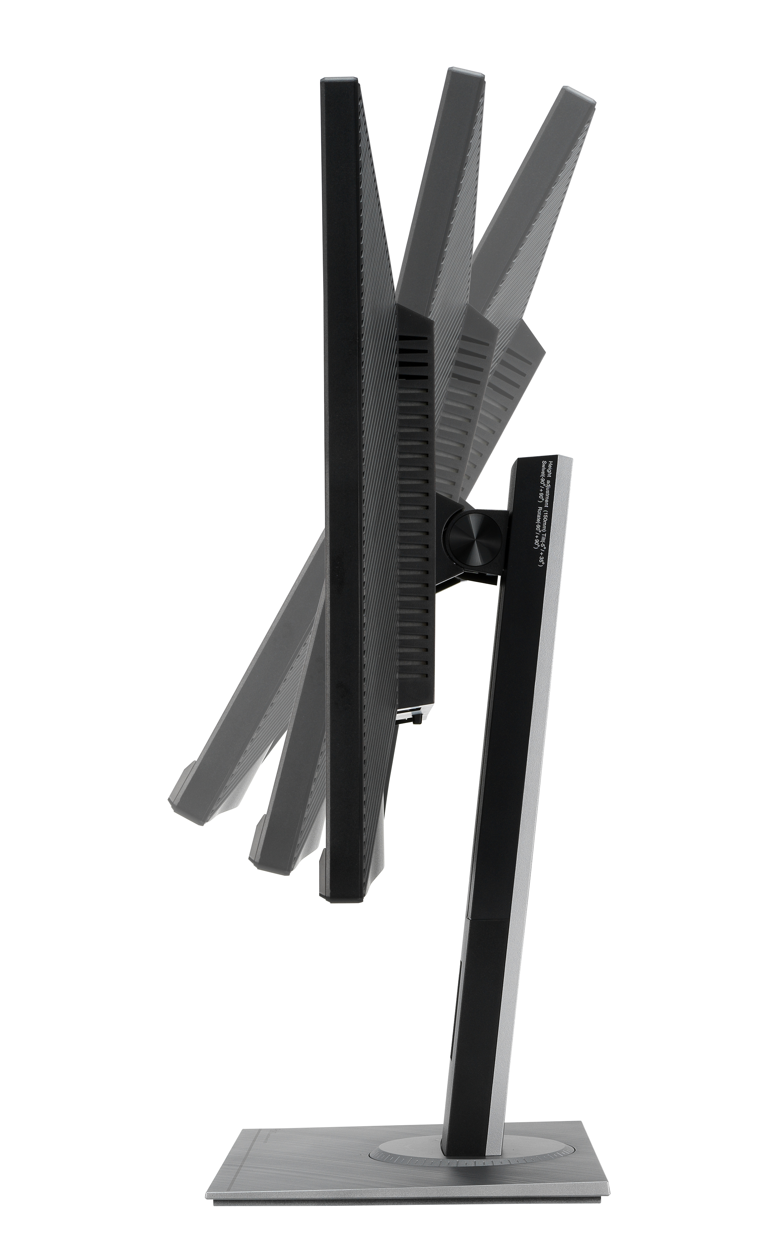 Monitor, widok z boku, pochylony pod różnymi kątami na podstawie.