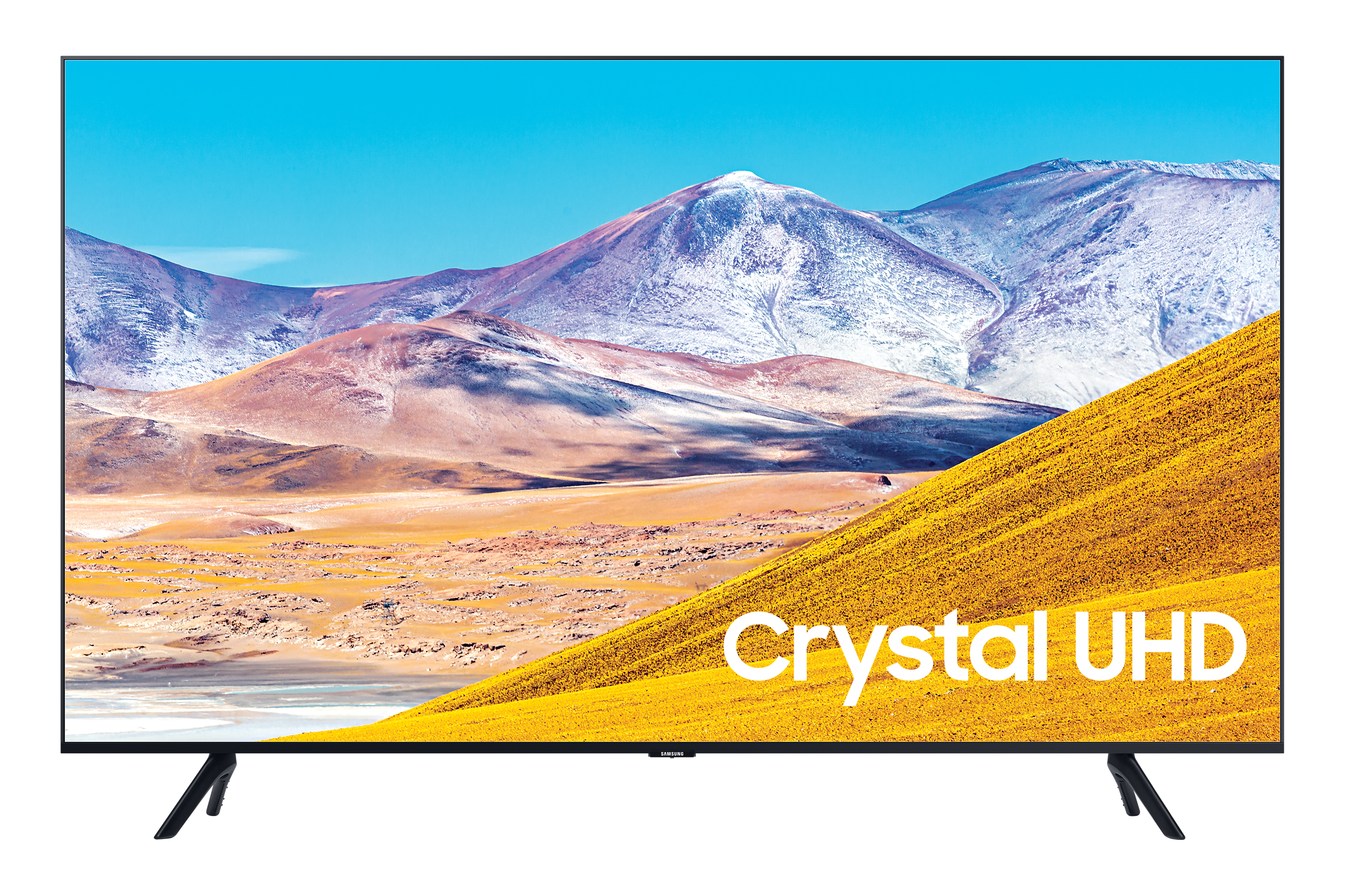 Telewizor Samsung Crystal UHD wyświetlający górski krajobraz z napisem 'Crystal UHD'.