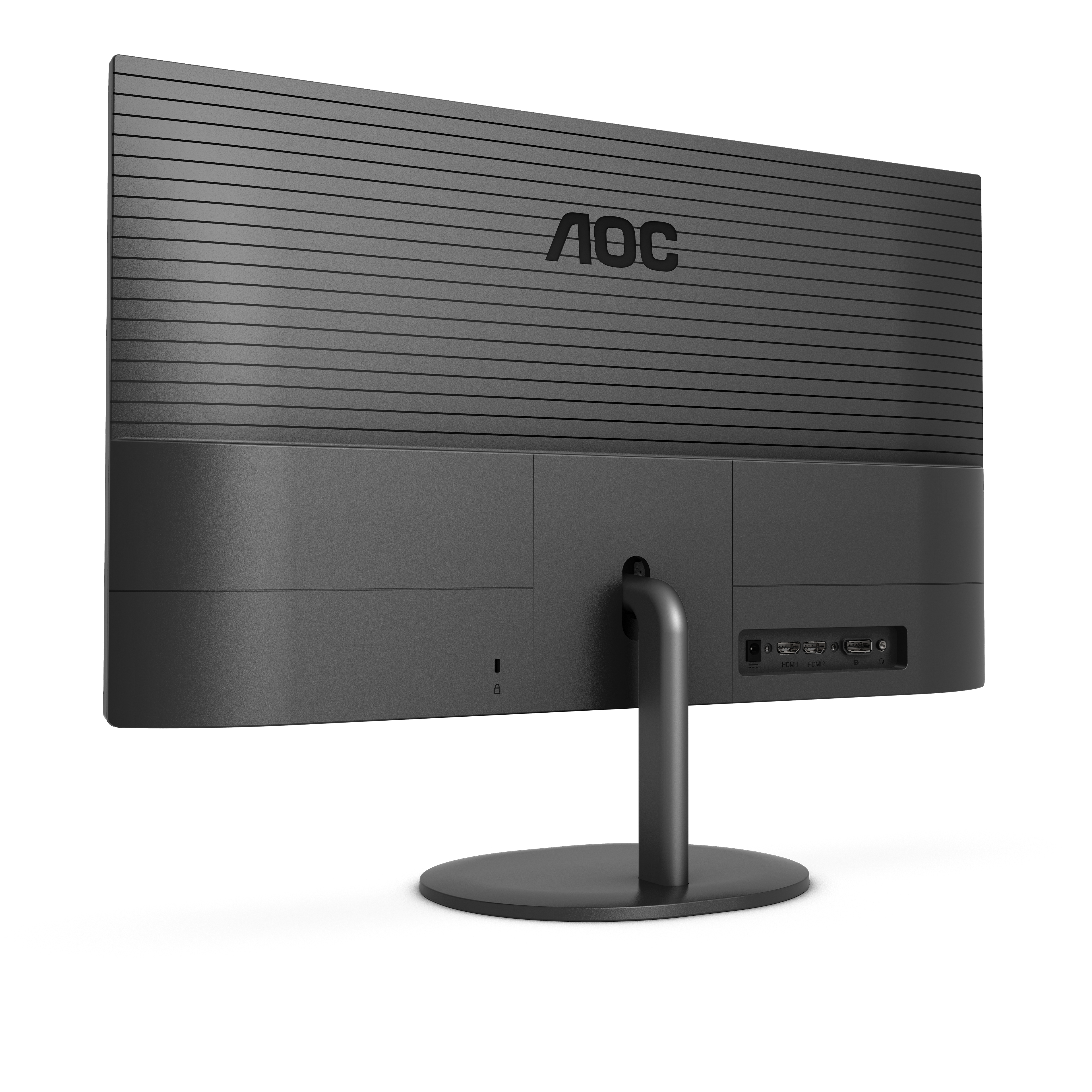Vista posteriore del monitor AOC che mostra porte e supporto. Lo sfondo è bianco.