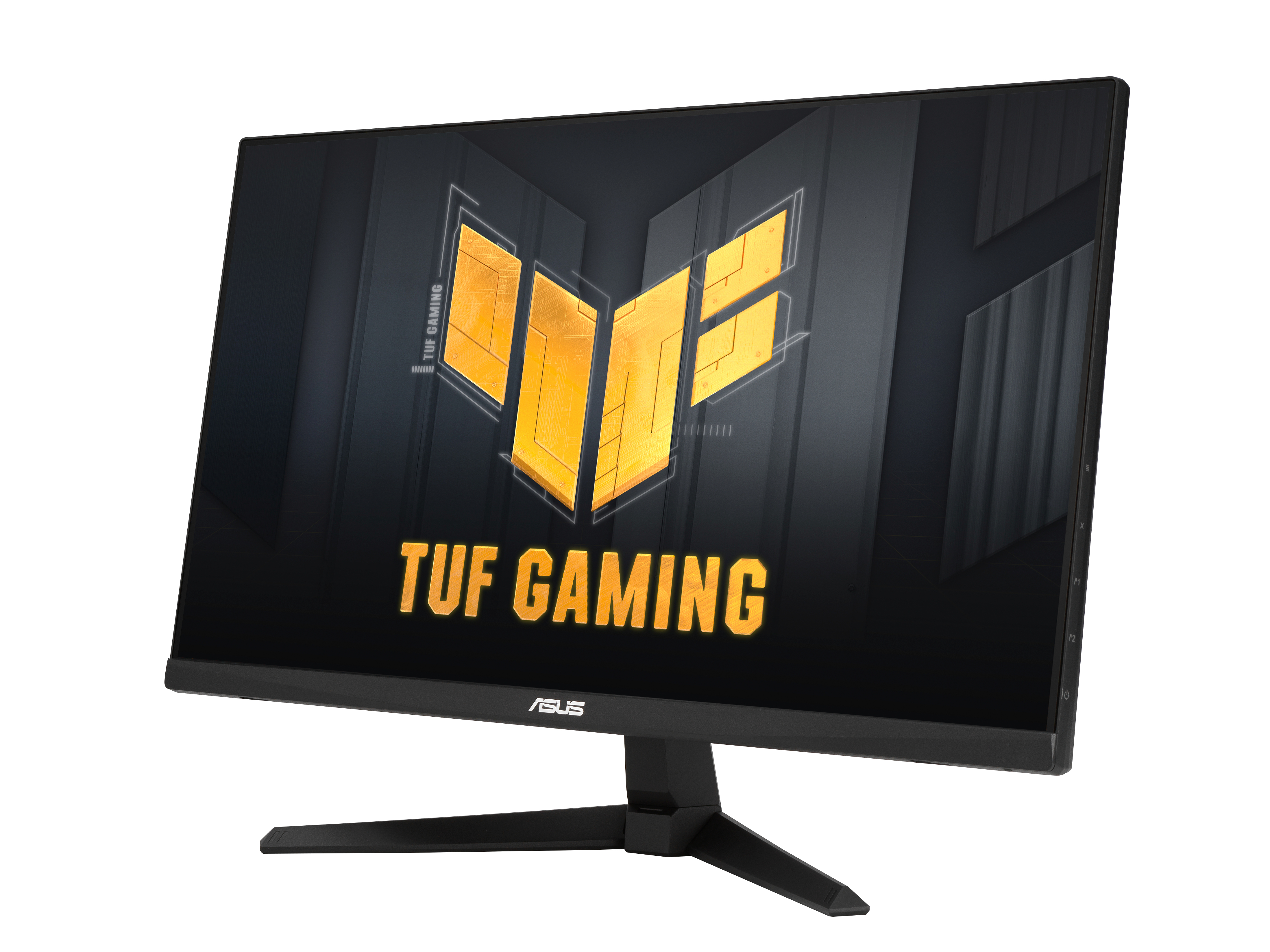 Een computermonitor met een gaminglogo op het scherm en de merknaam Asus TUF Gaming.