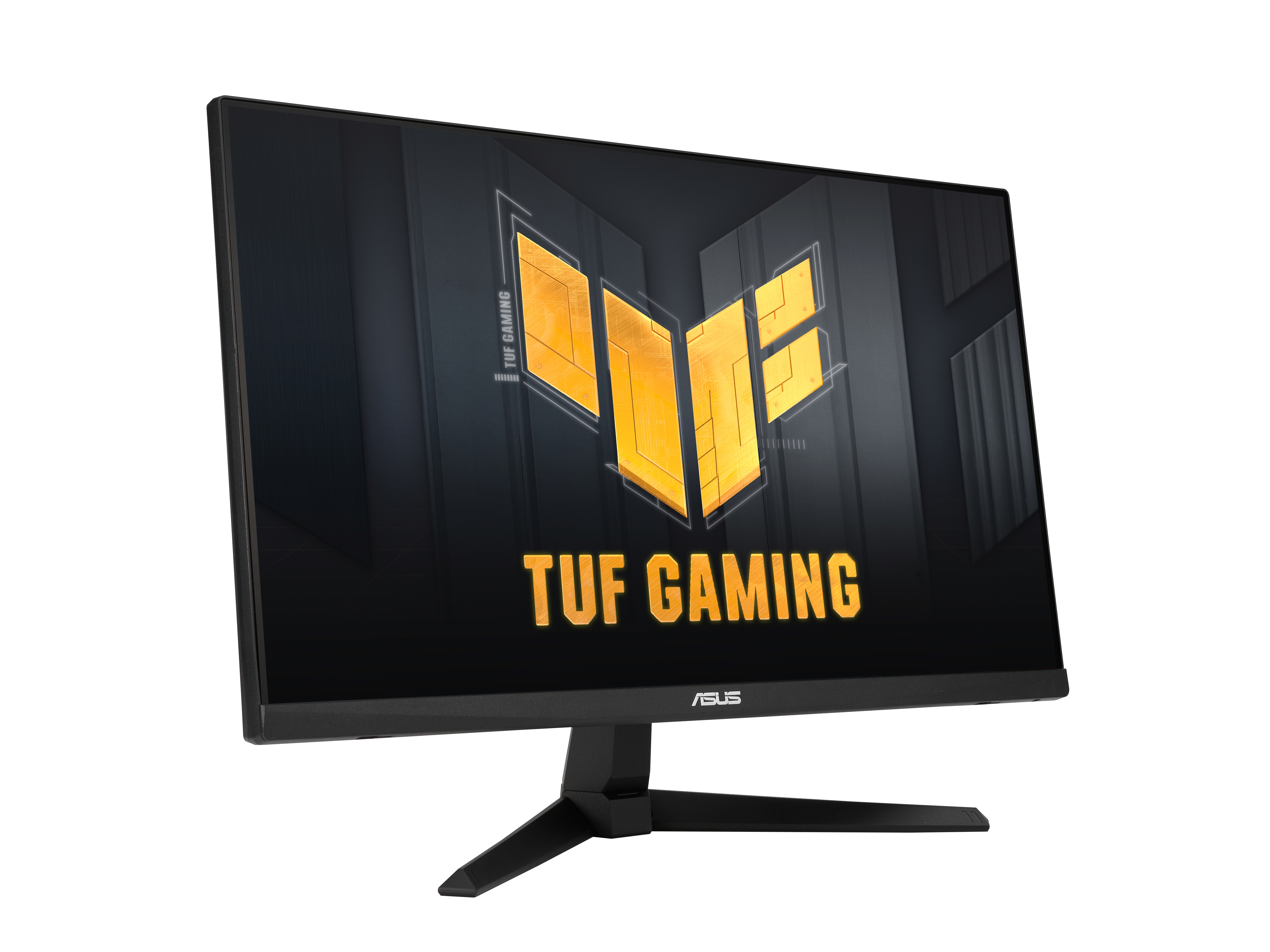 Zwarte monitor met TUF GAMING-logo. Scherm toont gele en zwarte graphics. Zwarte standaard.