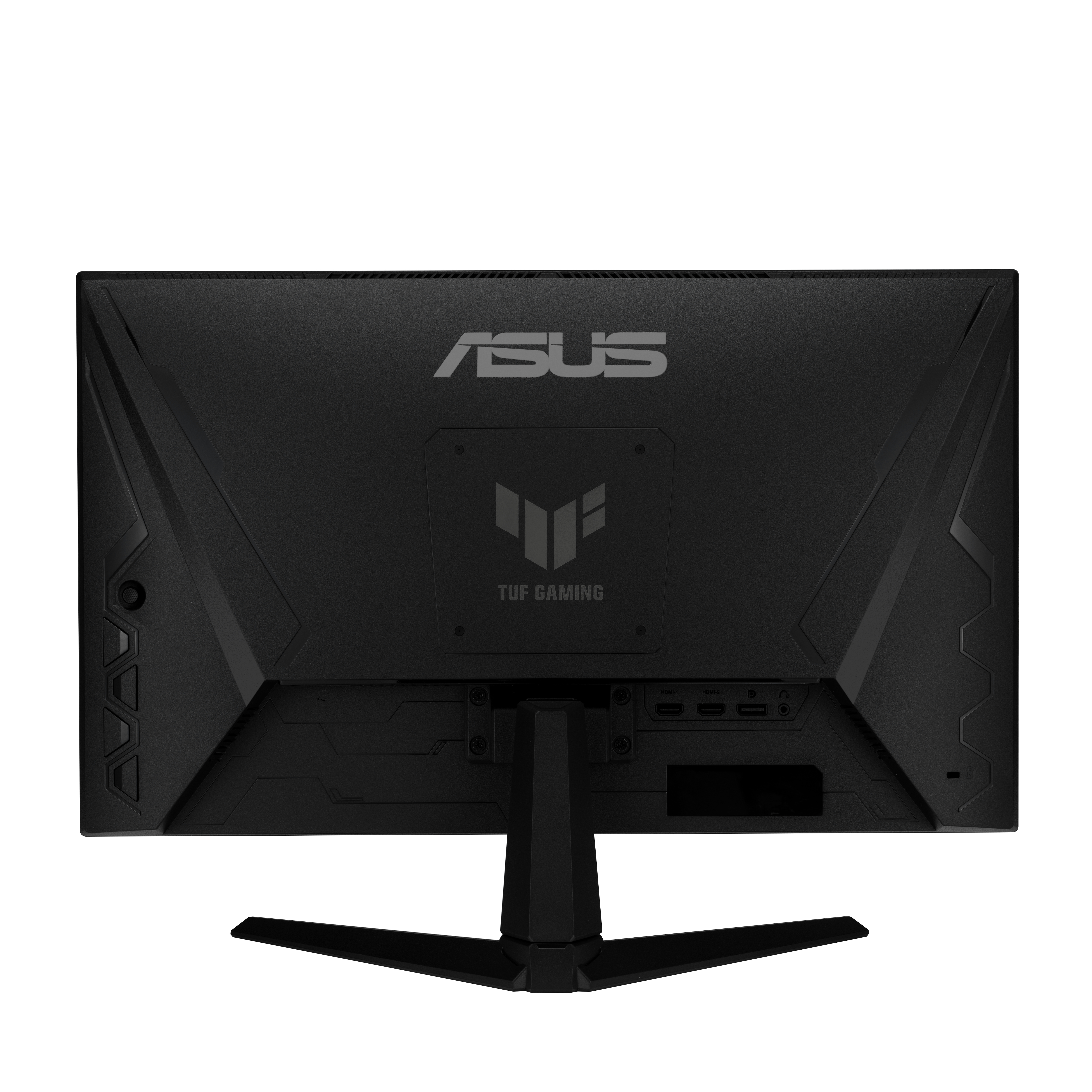 Achterkant van een ASUS TUF gaming monitor. Voorzien van ASUS en TUF Gaming logo's.