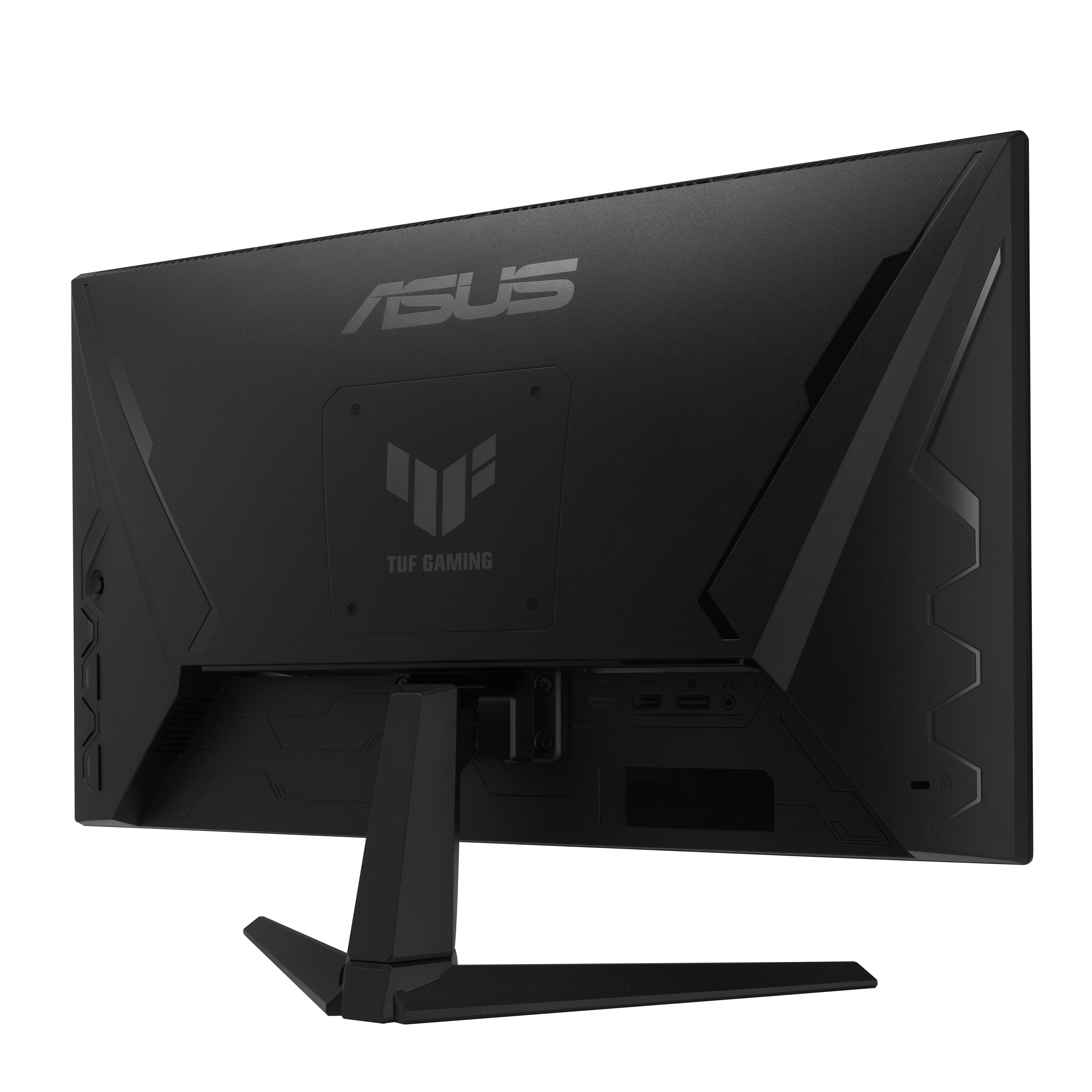 Zwarte computermonitor, achteraanzicht. ASUS- en TUF Gaming-logo's zichtbaar.