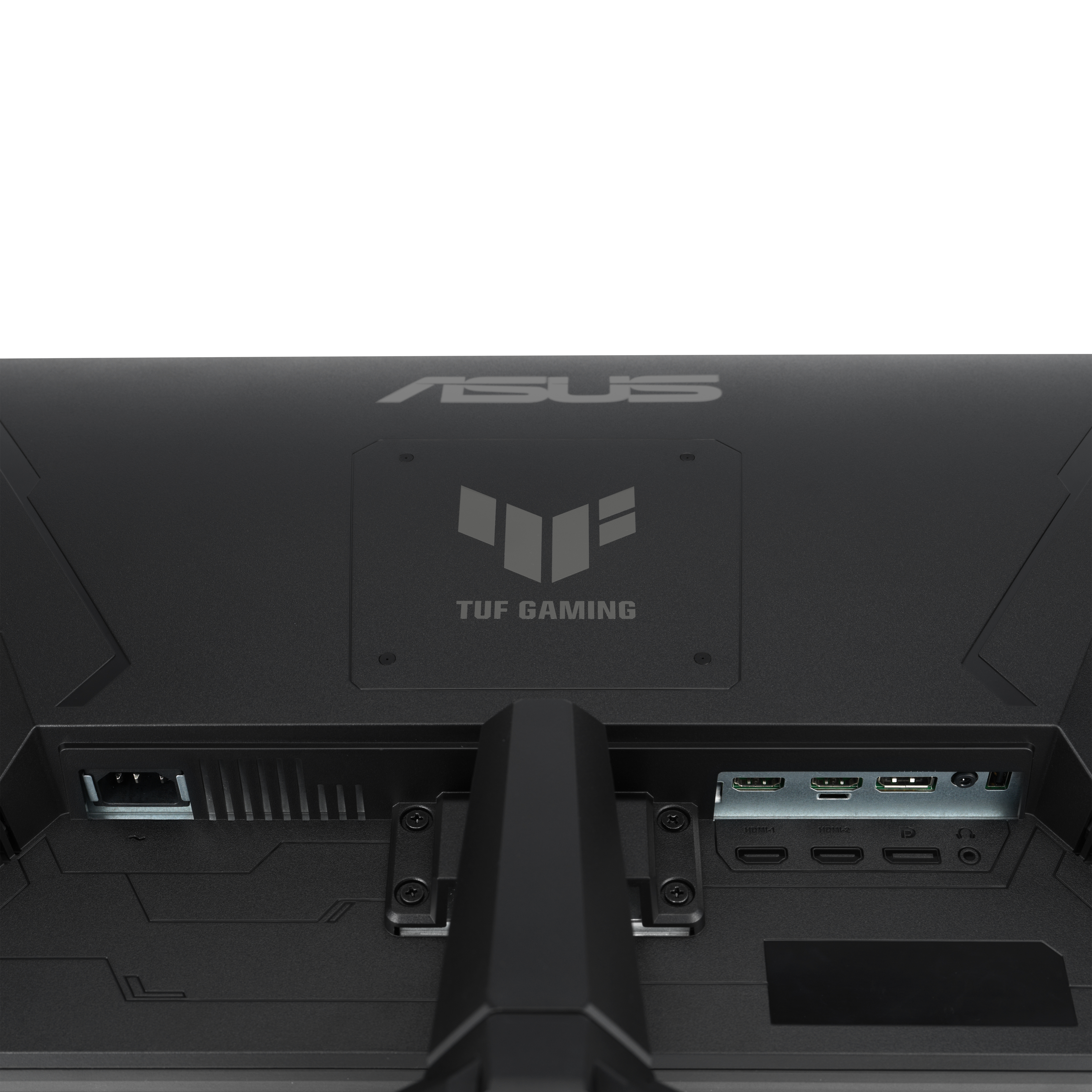 Close-up van de achterkant van een zwarte monitor met ASUS TUF Gaming logo en diverse poorten.