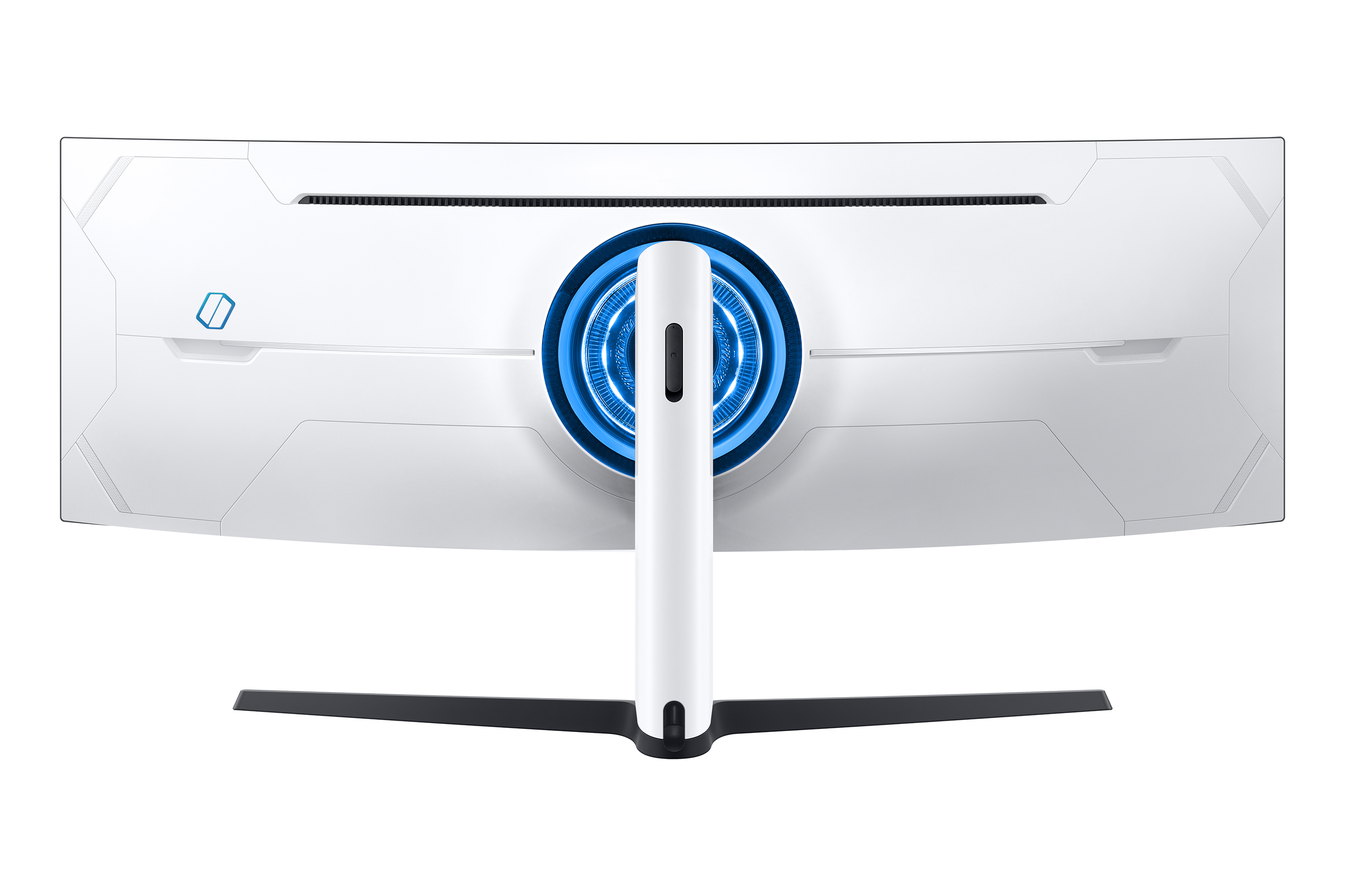 Die Rückseite eines gewölbten Samsung-Monitors mit weißem Finish und zentralem Ständer.