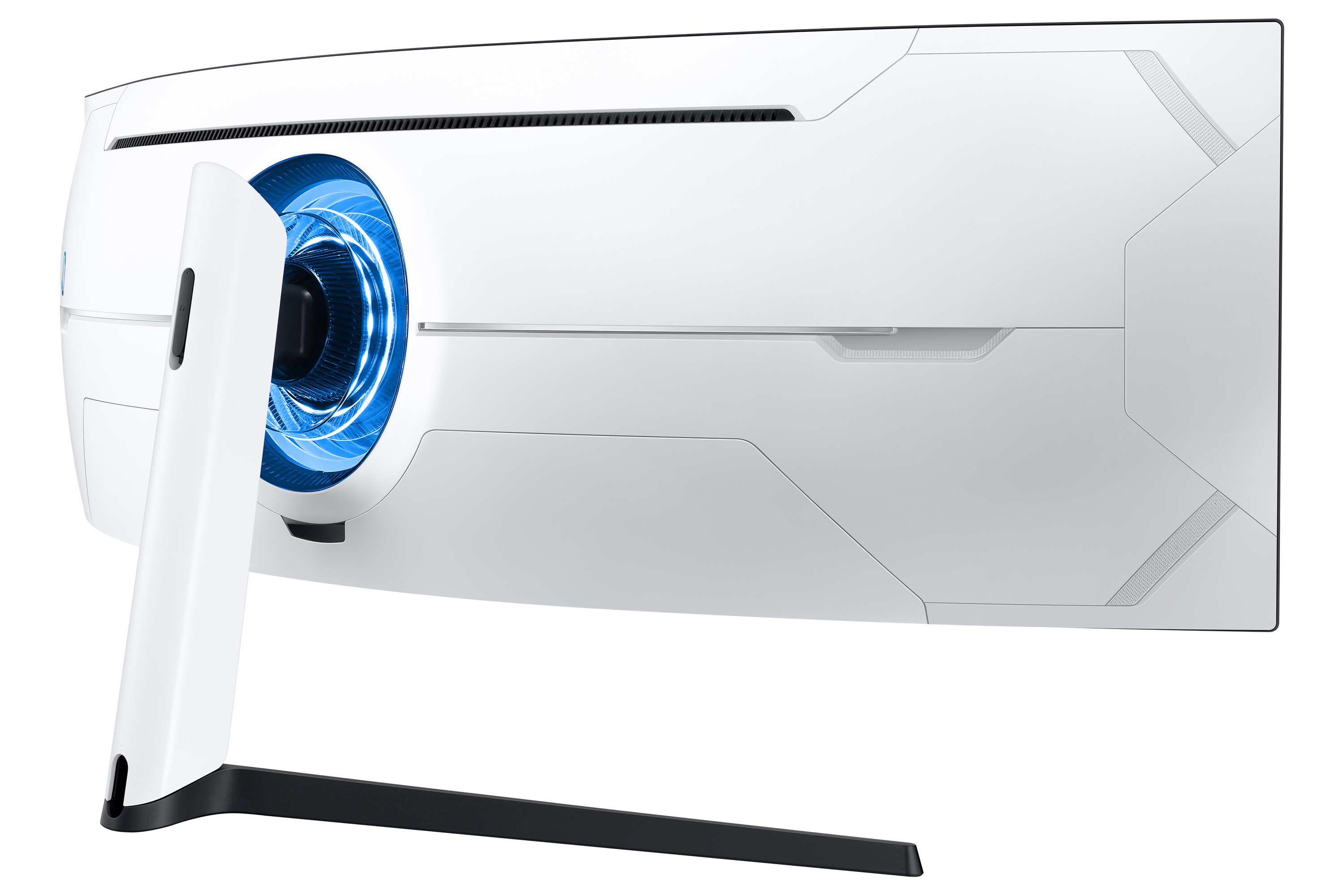 Rückseite eines weißen Samsung-Monitors mit blauem Licht, weißer Hintergrund, geschwungenes Design.