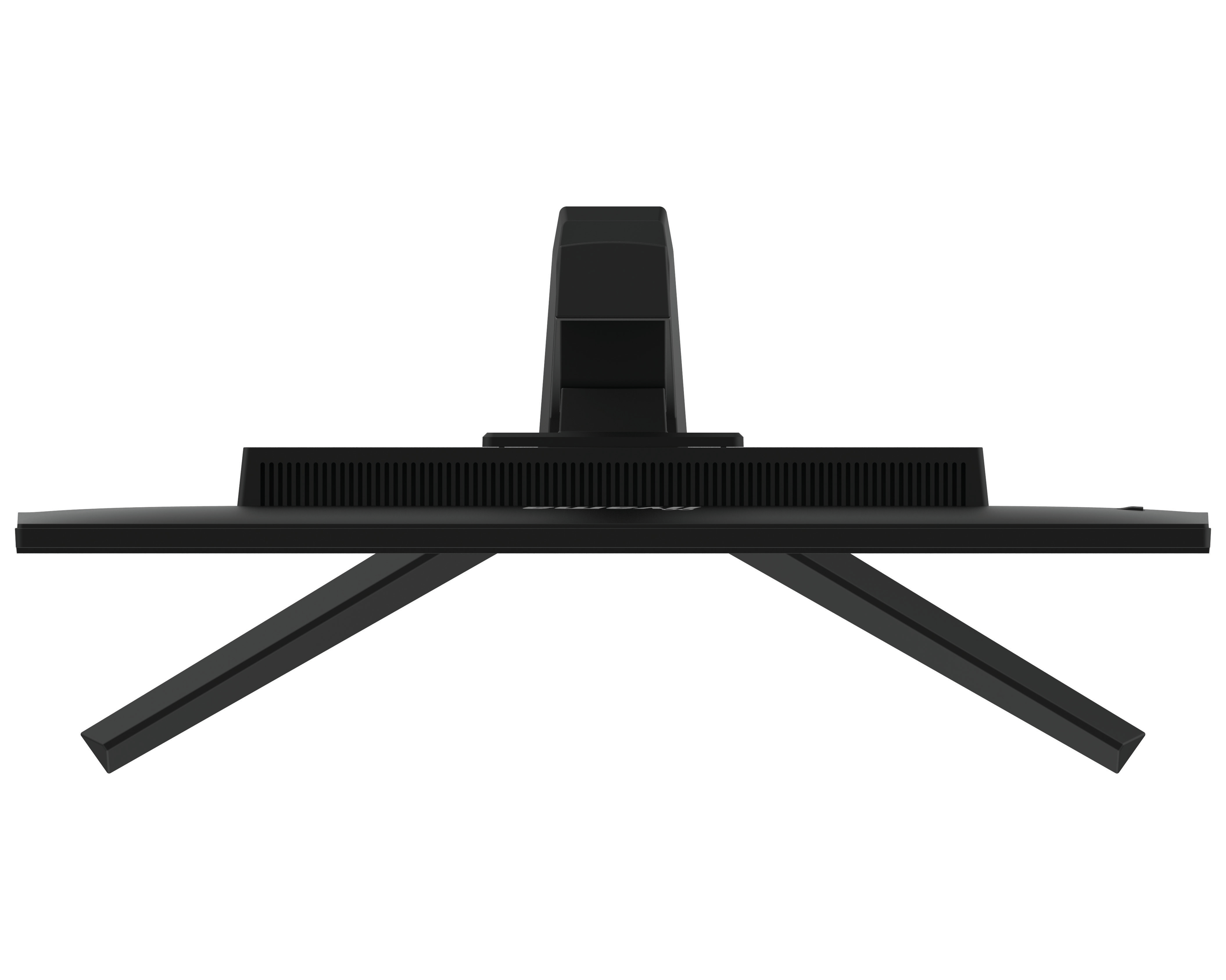 Monitor con cornice e supporto neri, visto dall'alto.