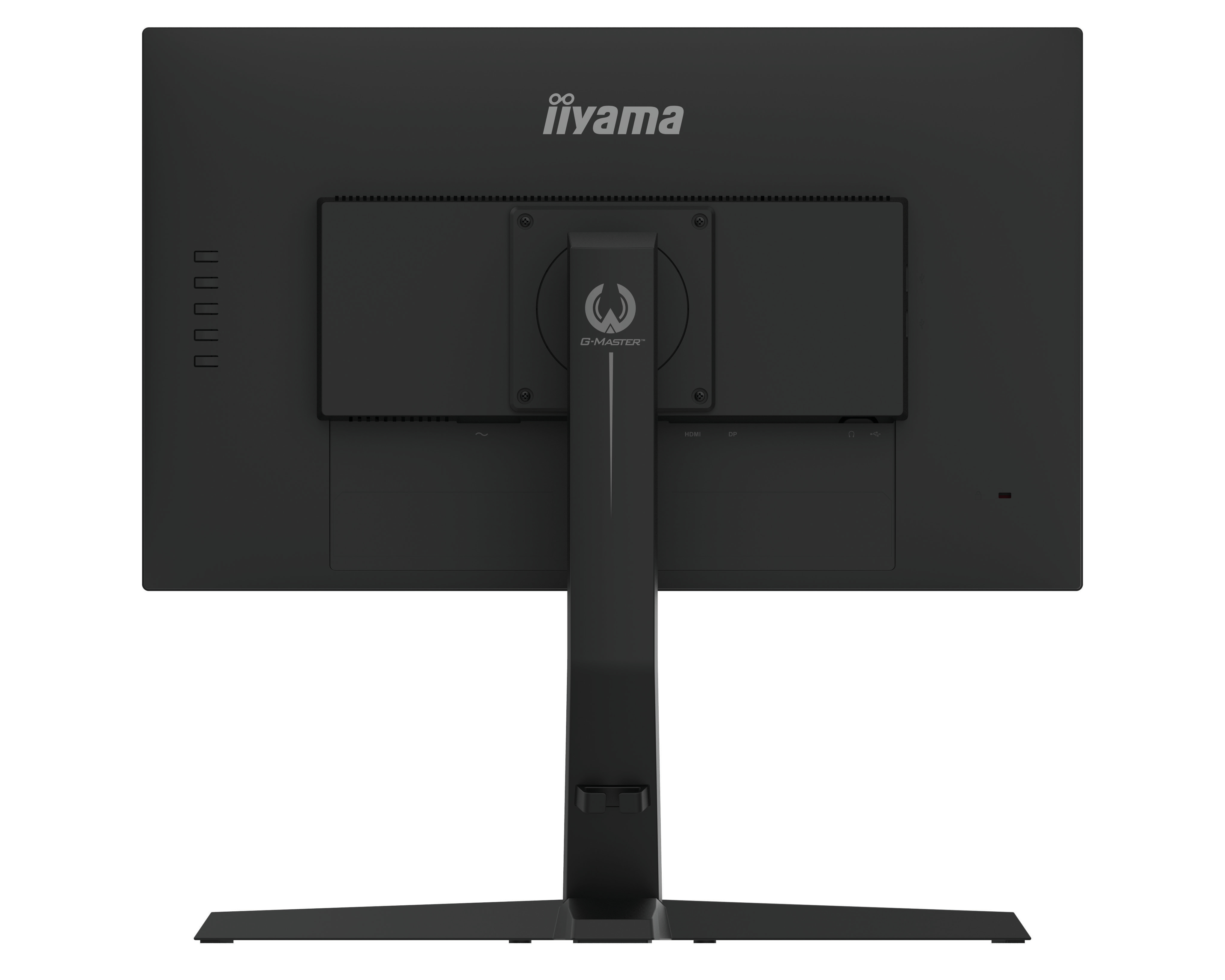 Il retro di un monitor iiyama con porte e un supporto.