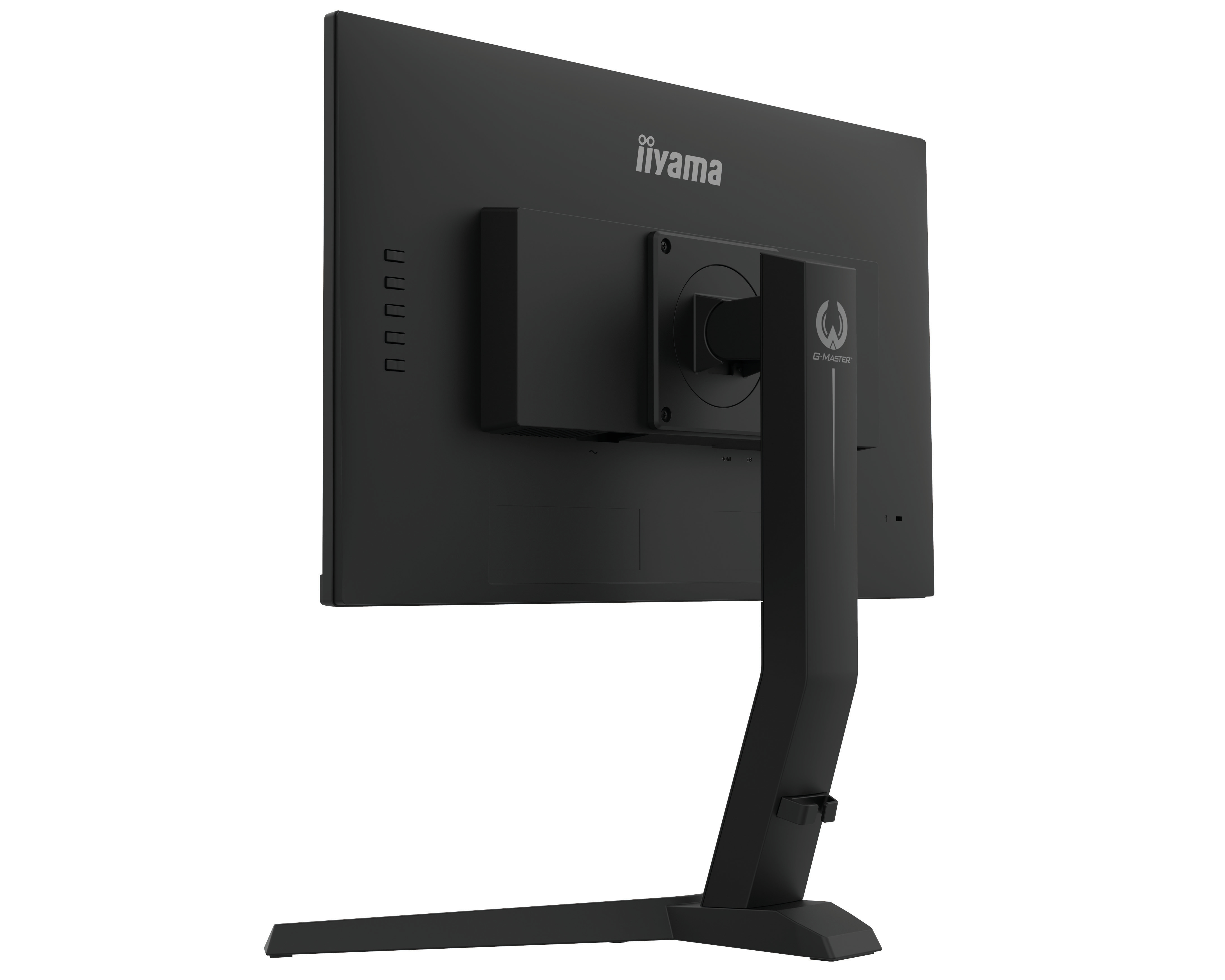 Retro di un monitor per computer nero. Logo Iiyama in alto. Supporto con logo D-Master.
