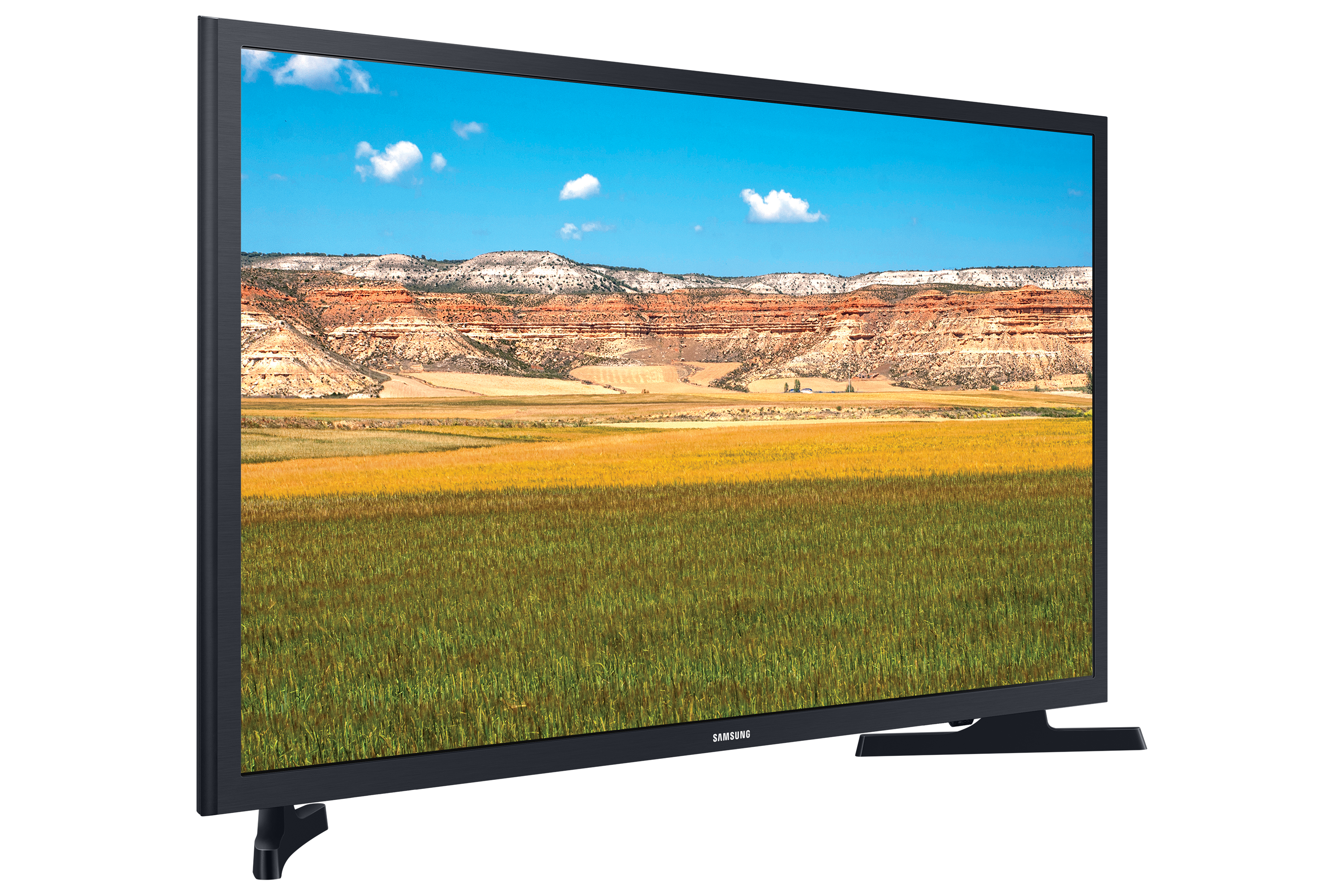 TV Samsung angolato, mostra un paesaggio. Cielo blu, campi verdi e colline marroni.