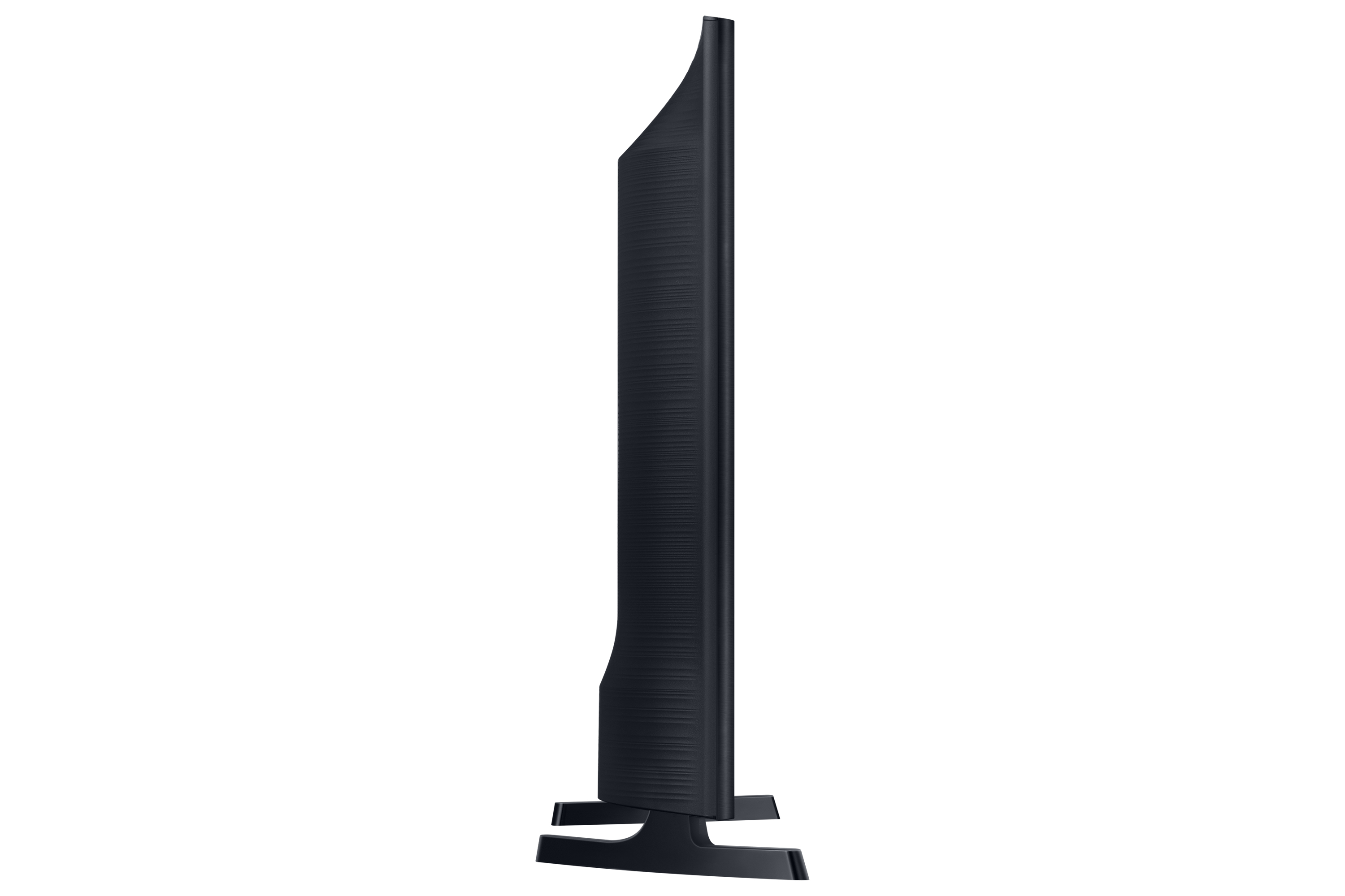 TV visto di profilo, che mostra un design nero sottile con un supporto.