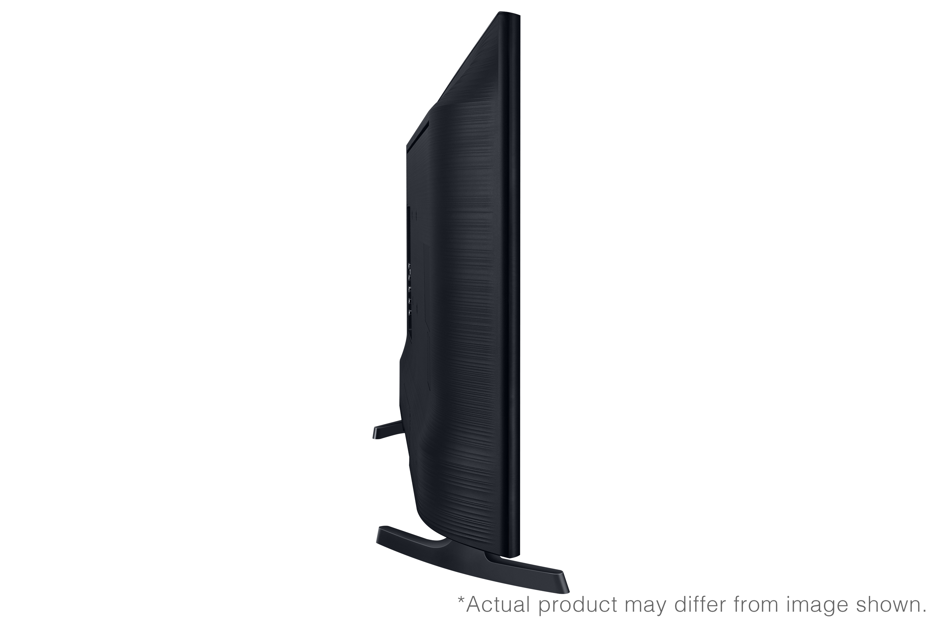 Vista laterale di una TV Samsung nera. Mostra il profilo sottile e un supporto.