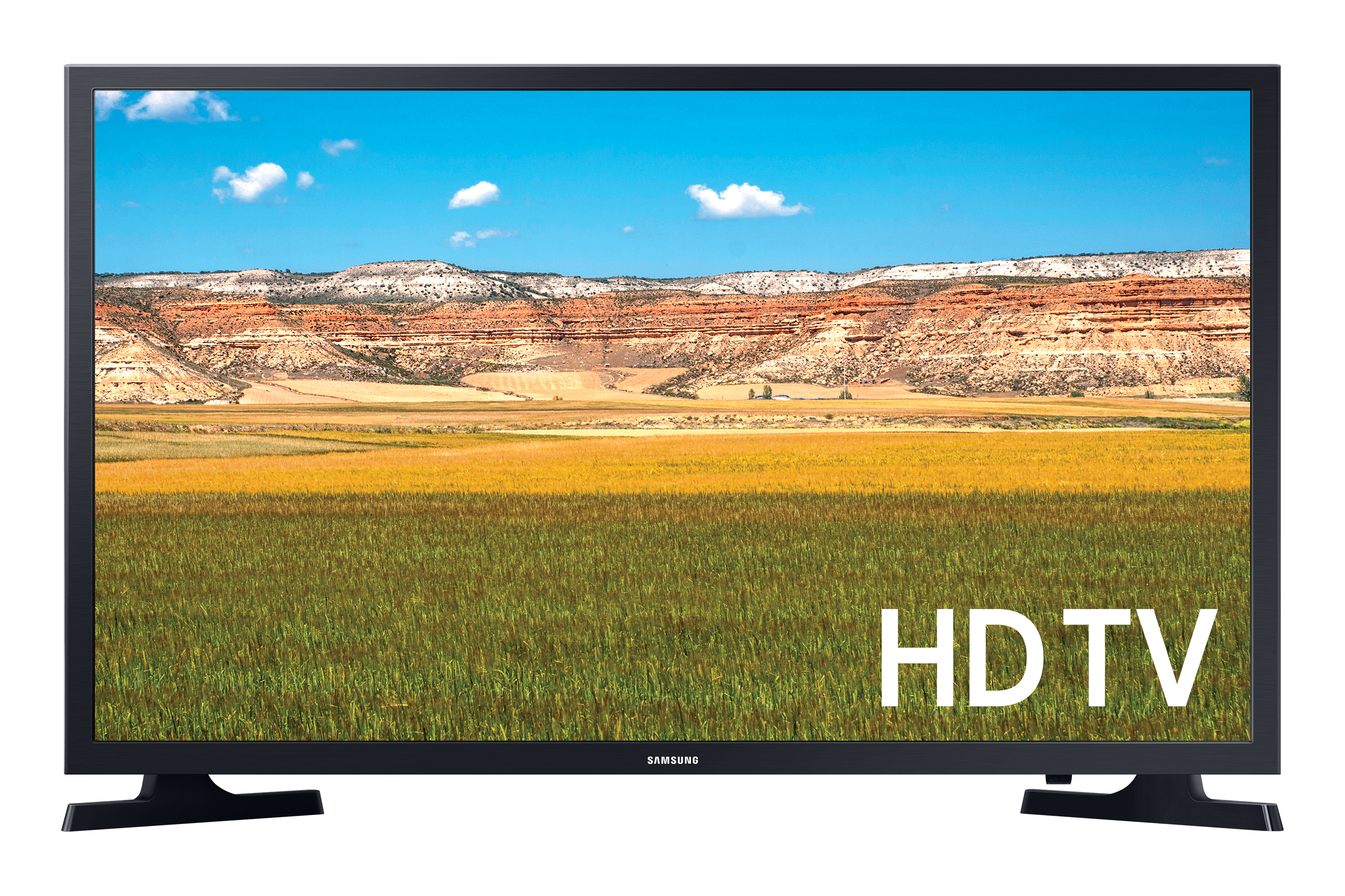 HDTV con paesaggio di campi verdi e cielo blu. Cornice nera e testo 'HDTV'.