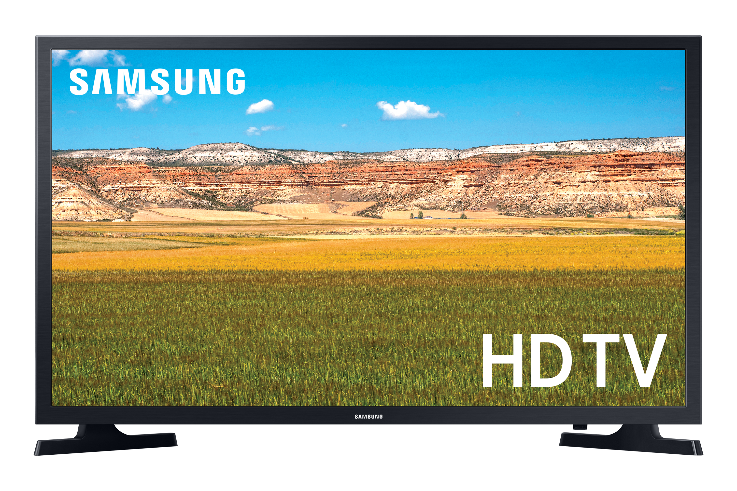 Samsung HDTV che mostra un paesaggio di campo e montagne.