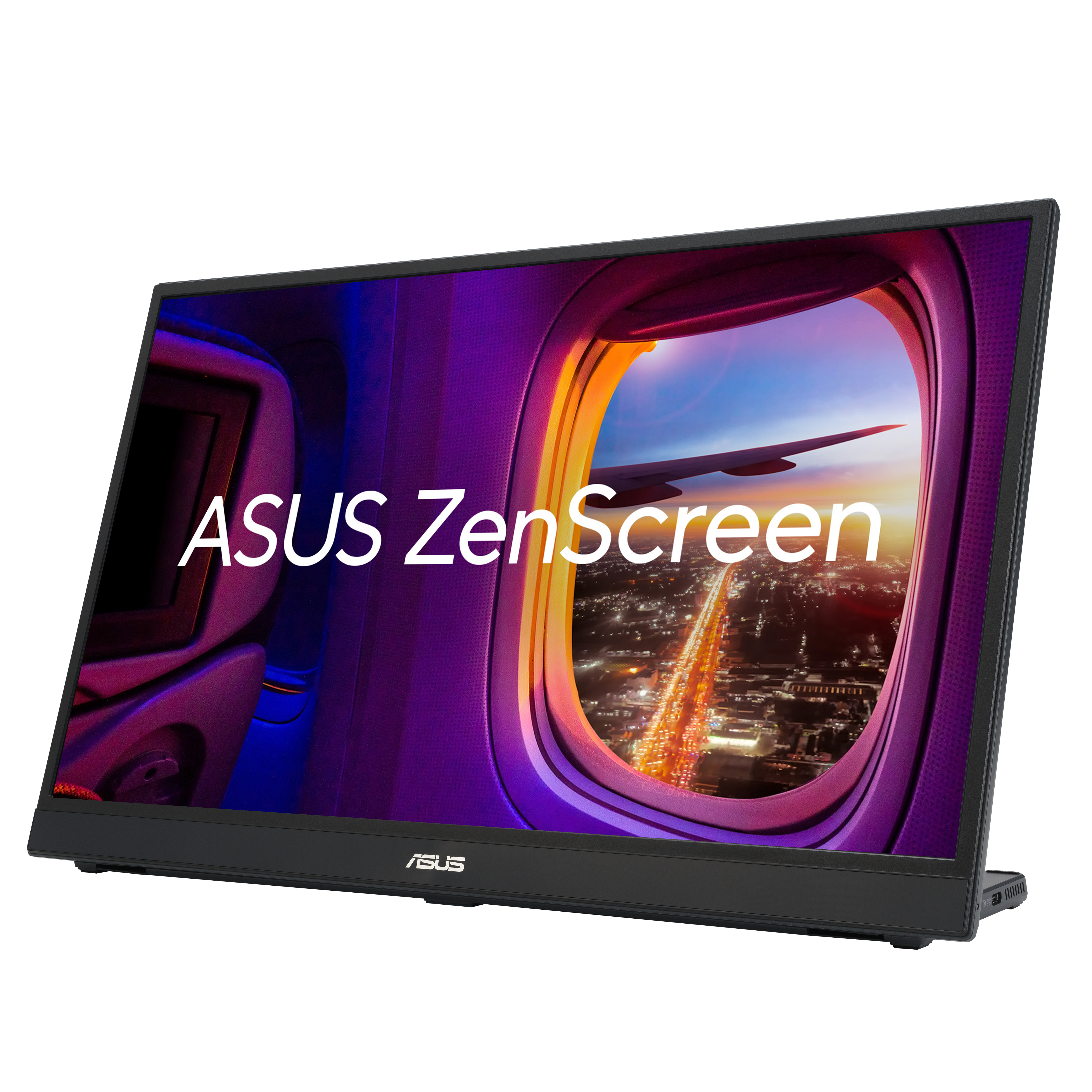Monitor Asus ZenScreen pokazujący widok z okna samolotu. Czarna ramka, czarny dół, jasne tło.