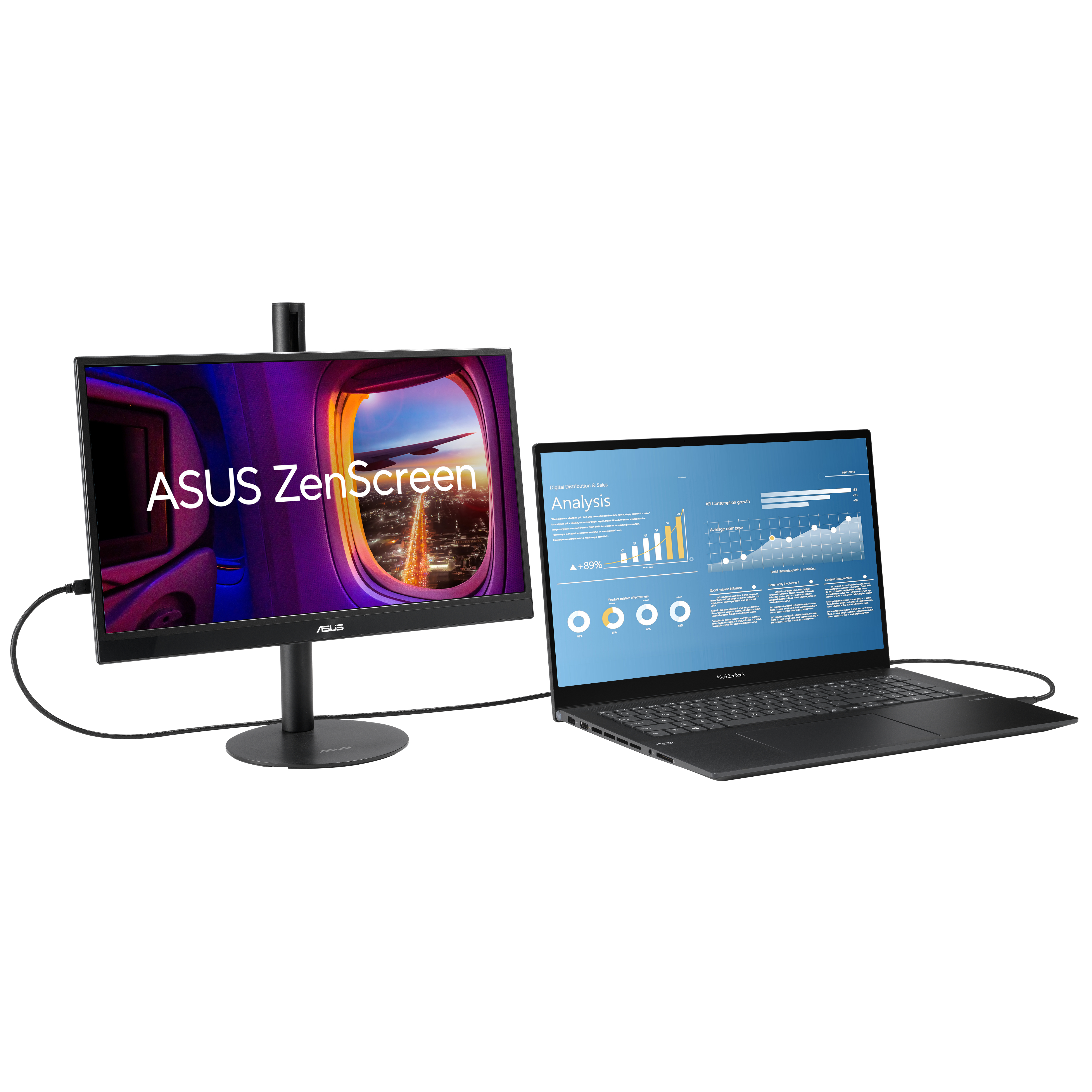 Monitor ASUS ZenScreen i laptop z wykresem. Oba czarne.