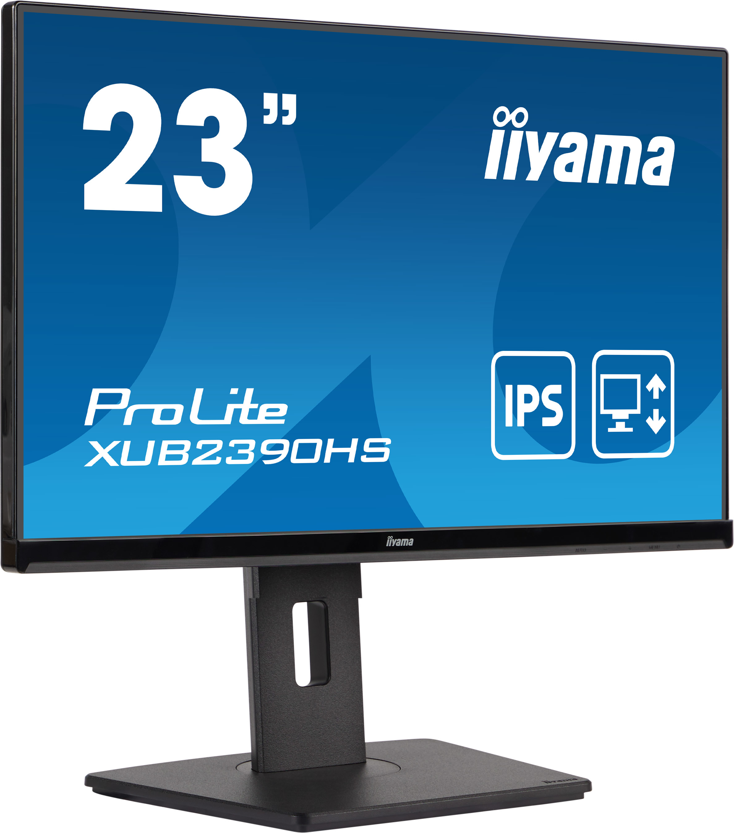 Ein schwarzer Monitor mit weißem Text, '23", iiYama, ProLite'. Der Bildschirm zeigt Blau. Er hat einen schwarzen Ständer.