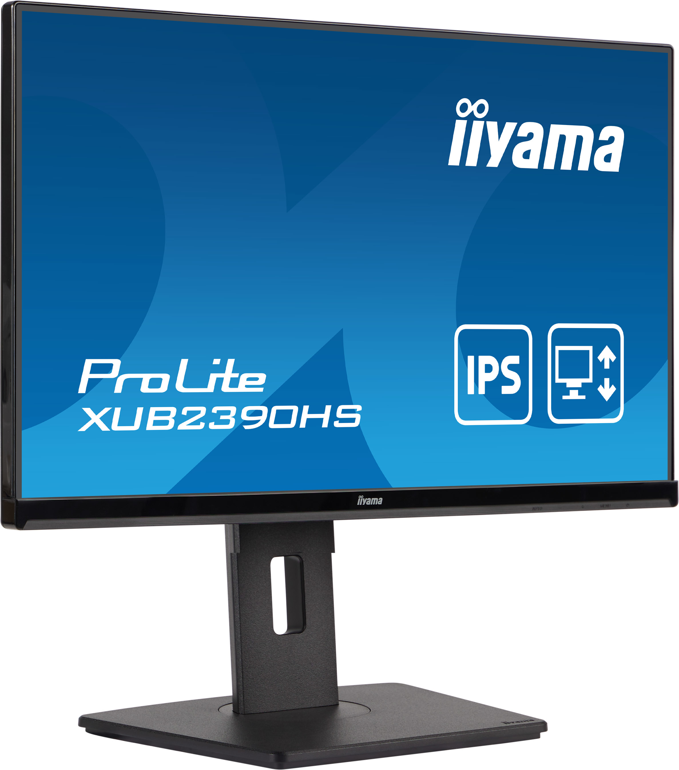 Iiyama-Monitor. Bildschirm zeigt Text und Grafiken. Schwarzer Rahmen und Ständer. Weißer Hintergrund.