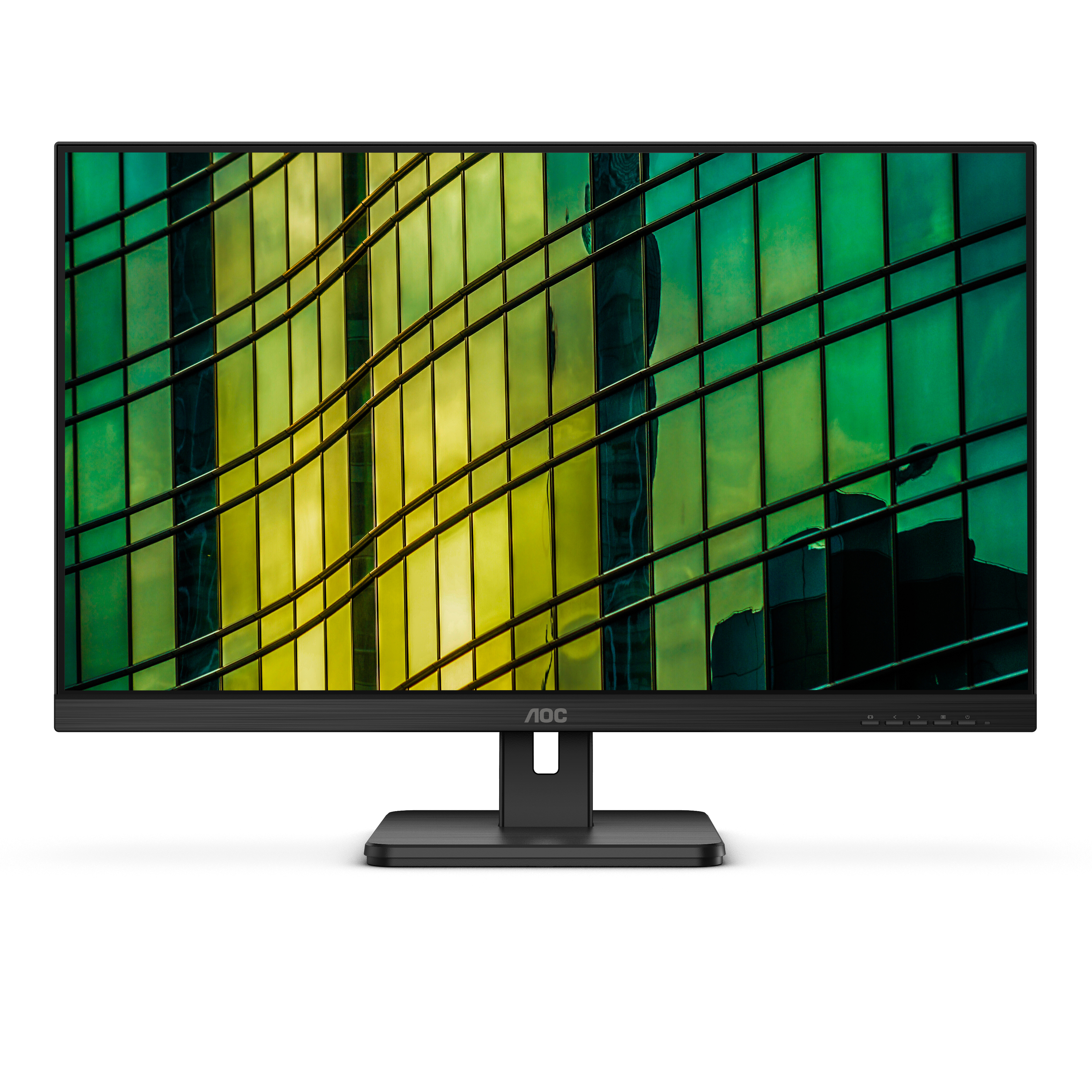 Un monitor nero mostra una facciata colorata di edificio su sfondo bianco. Logo AOC visibile.