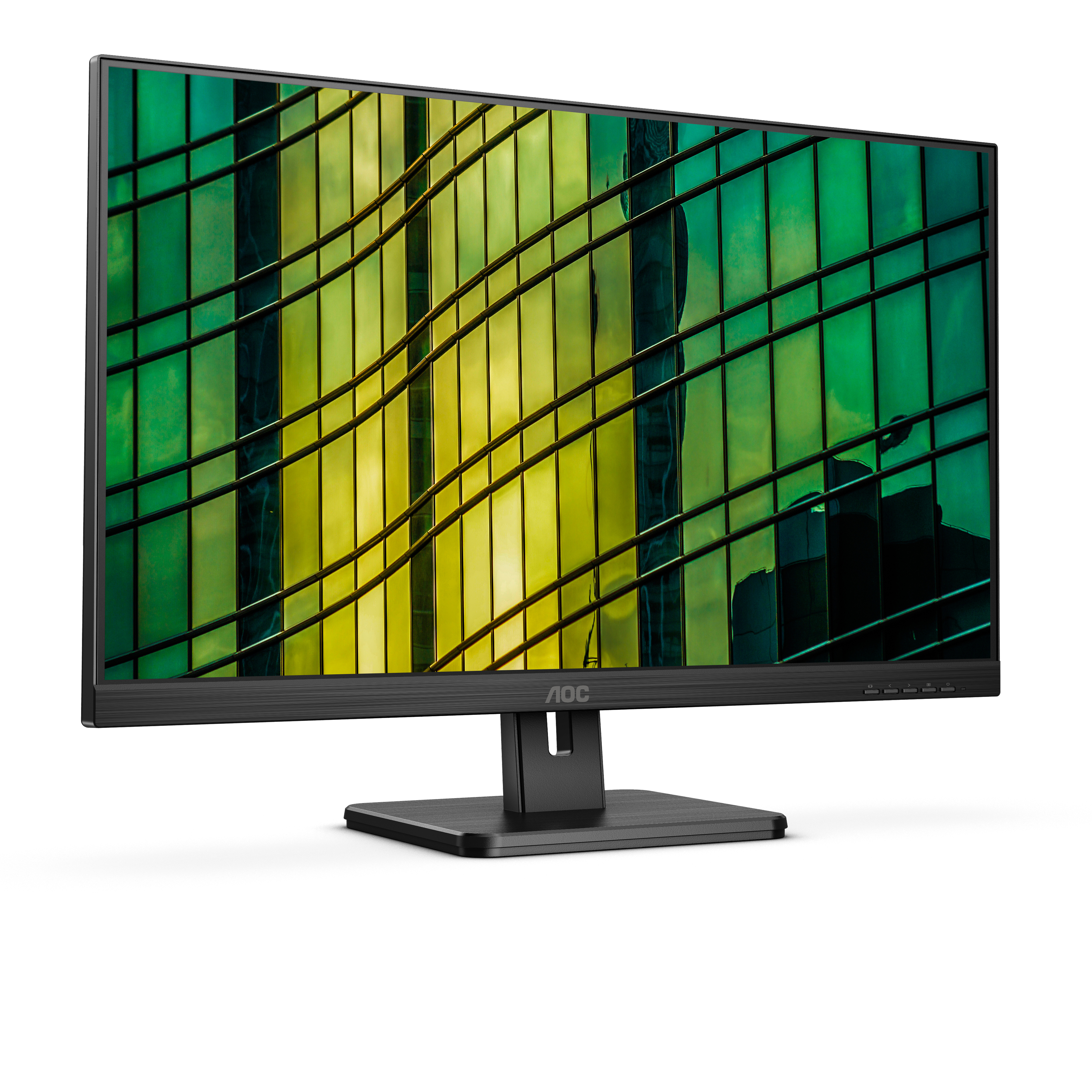 Un monitor nero mostra una scena urbana, con supporto nero e logo AOC.