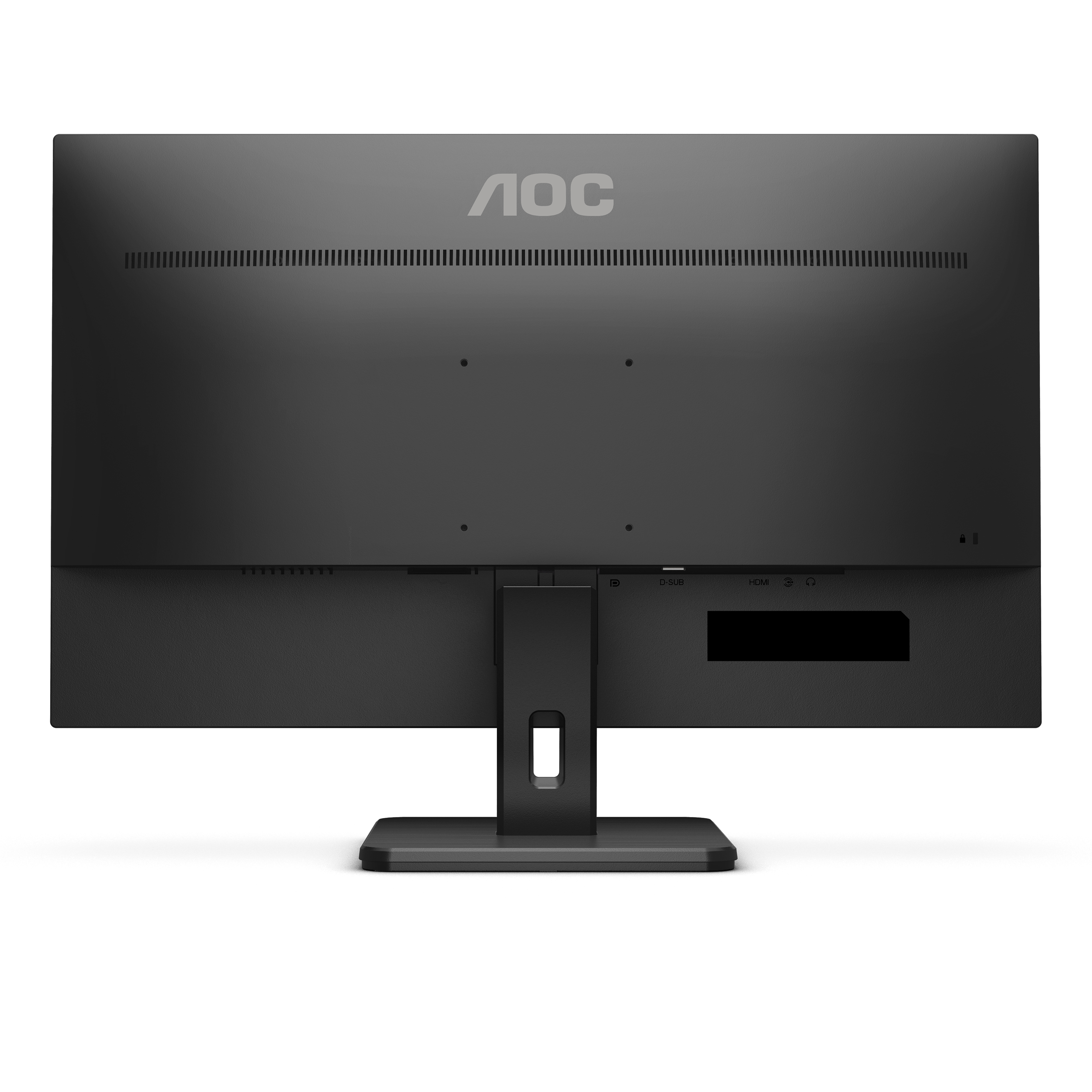 Vista posteriore di un monitor per computer nero, che mostra il logo AOC, le porte e il supporto.