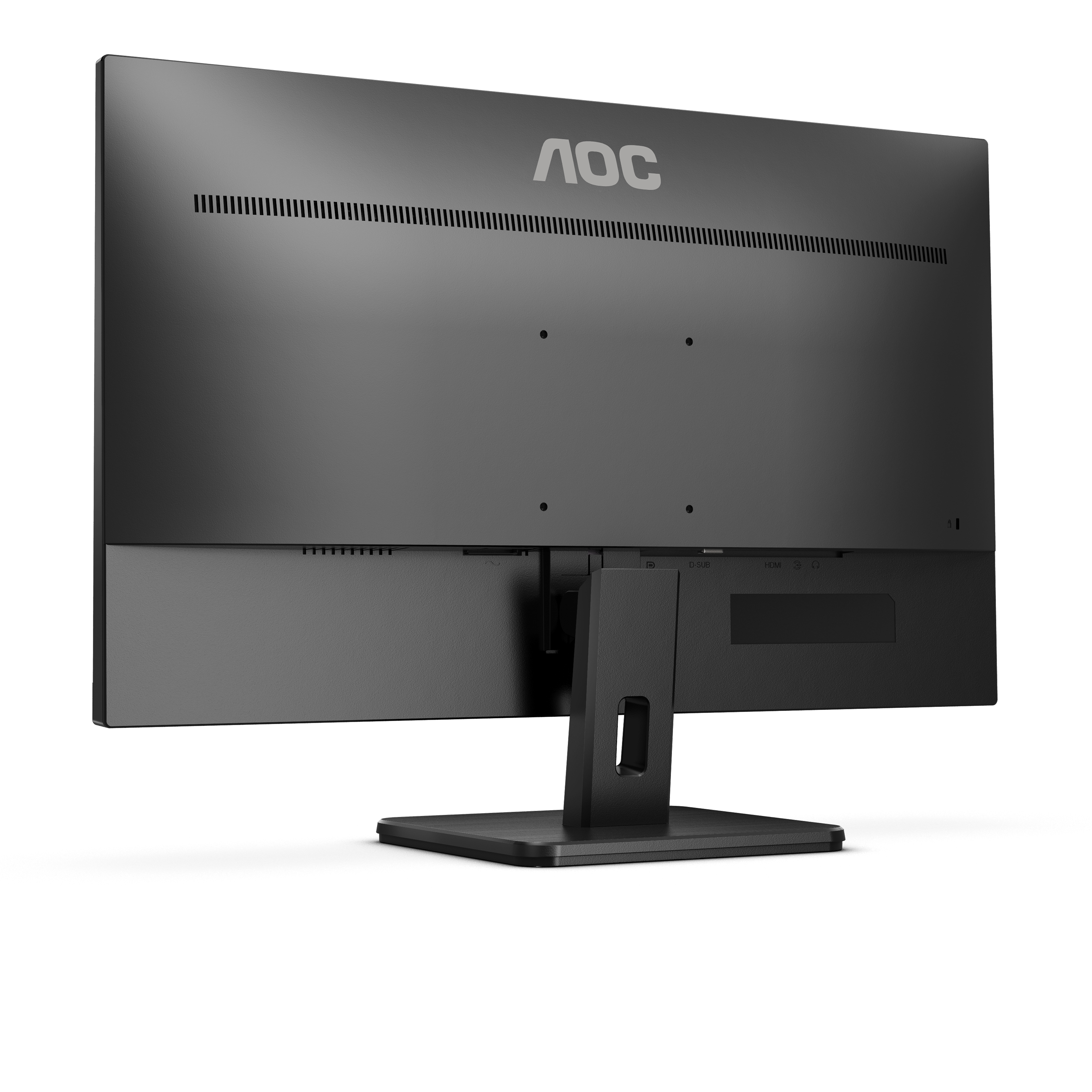 Retro di un monitor AOC con il logo AOC e fessure di ventilazione. Il supporto è nero.