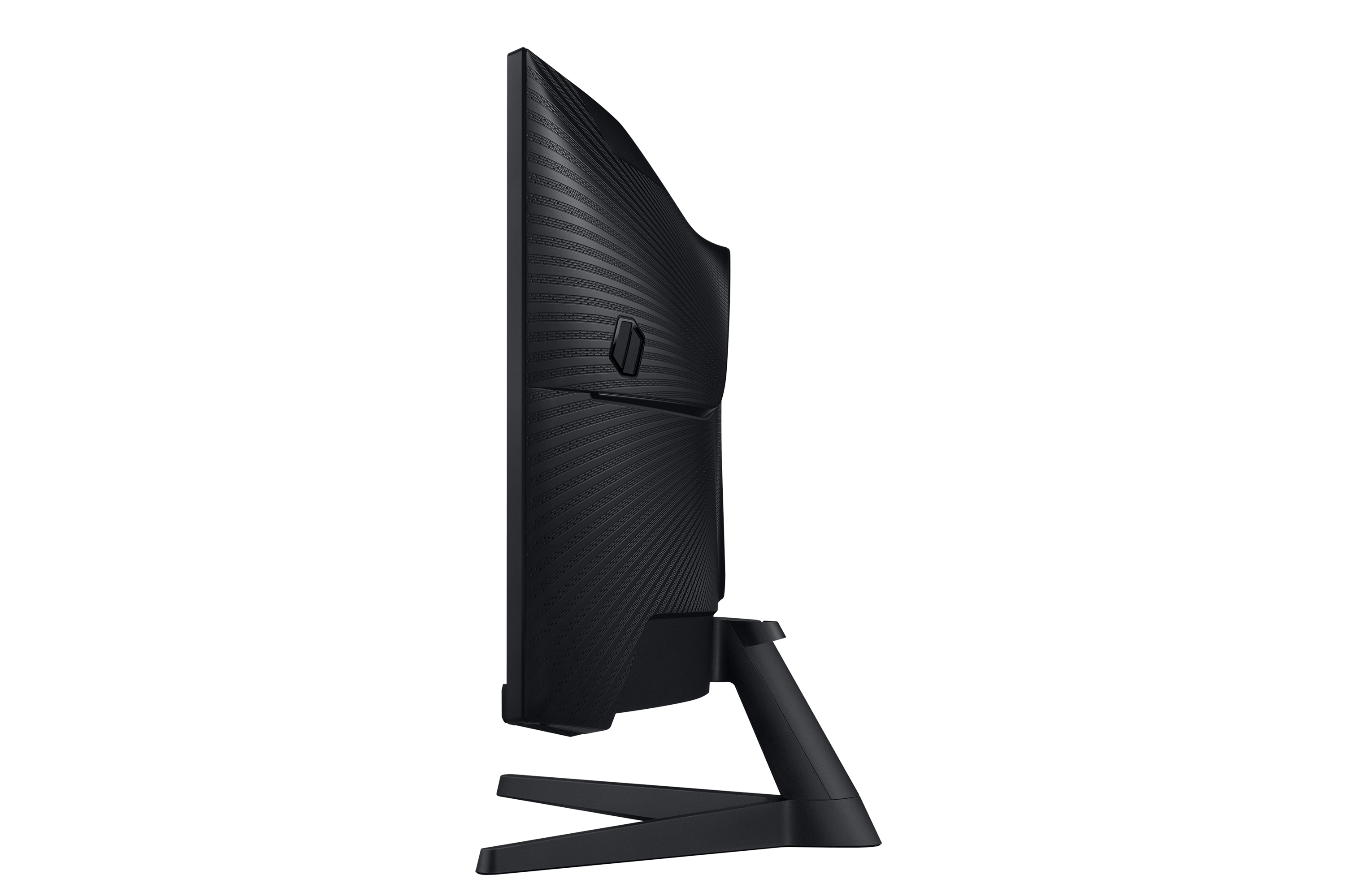 Seitenansicht des gebogenen Monitors. Schwarze Farbe, mit Ständer. Weißer Hintergrund.
