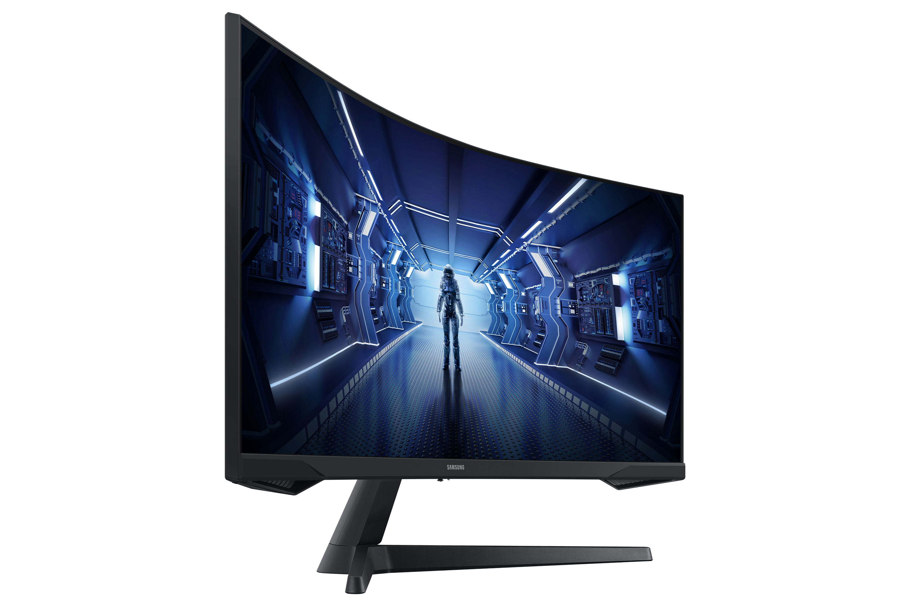 Curved monitor with a space scene display. Black base and stand.