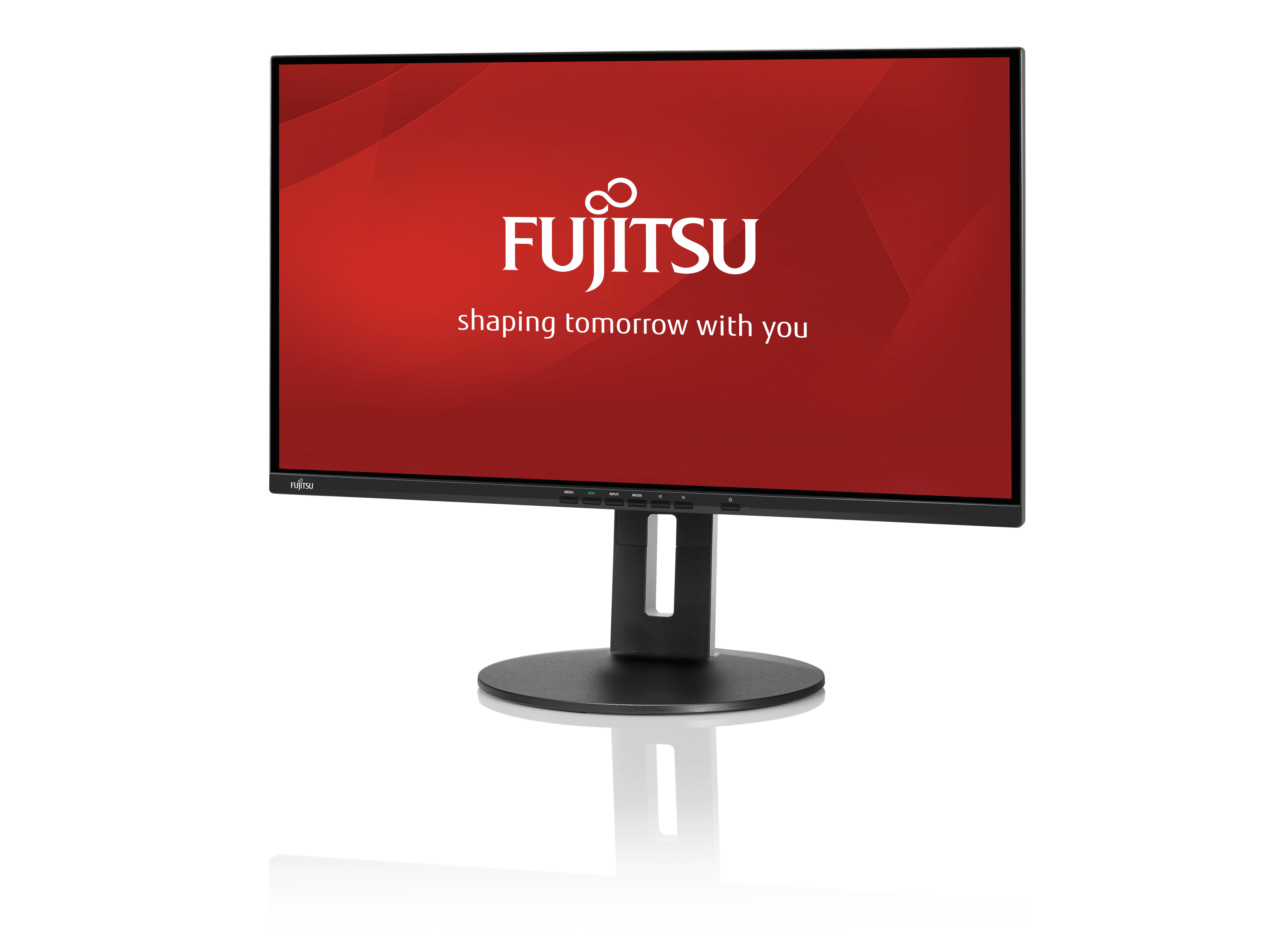 Ein Monitor zeigt das FUJITSU-Logo auf rotem Hintergrund. Der Hintergrund ist weiß.