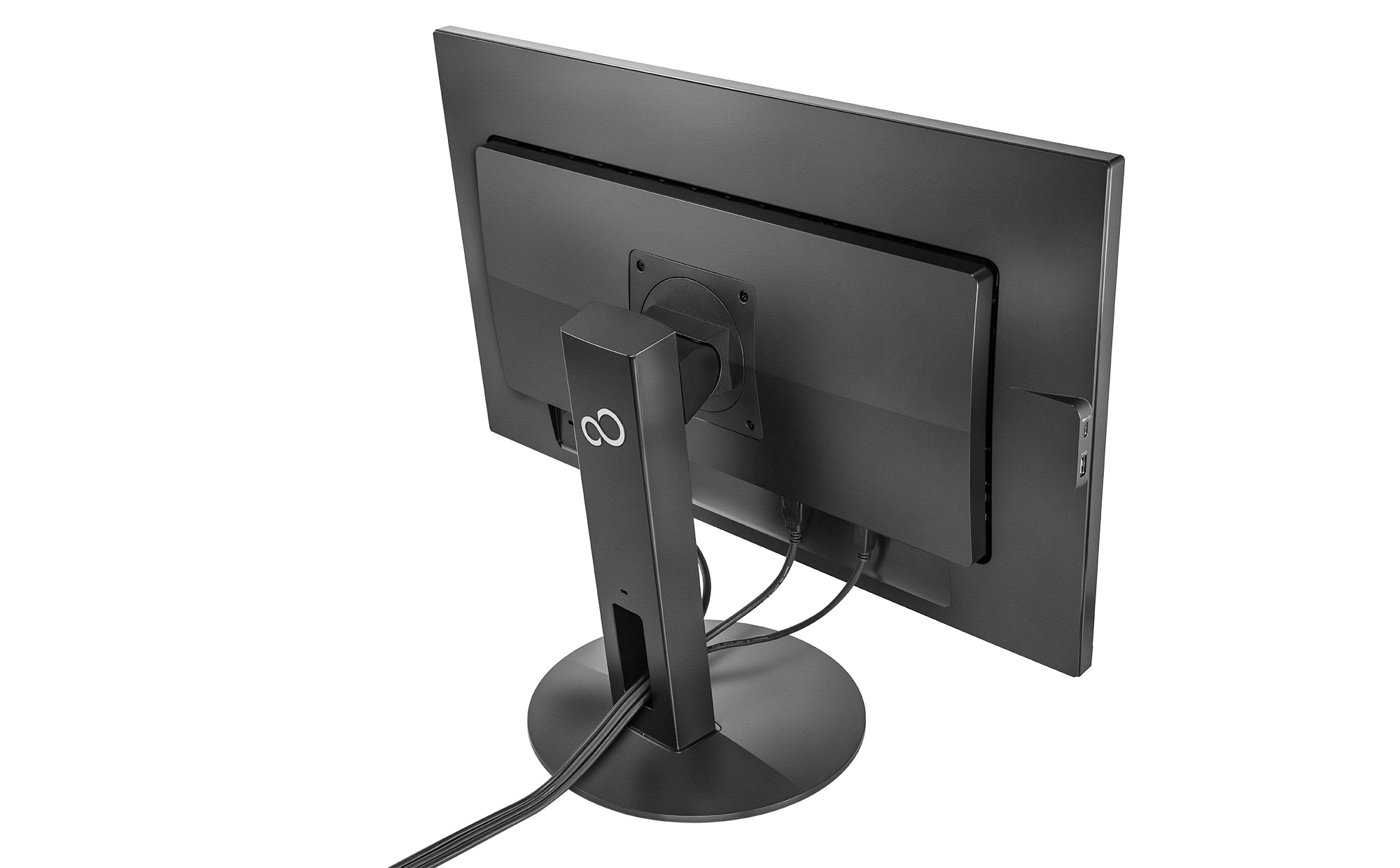 Rückseite eines Fujitsu-Monitors mit Kabeln am Ständer. Der Ständer ist schwarz und rund.