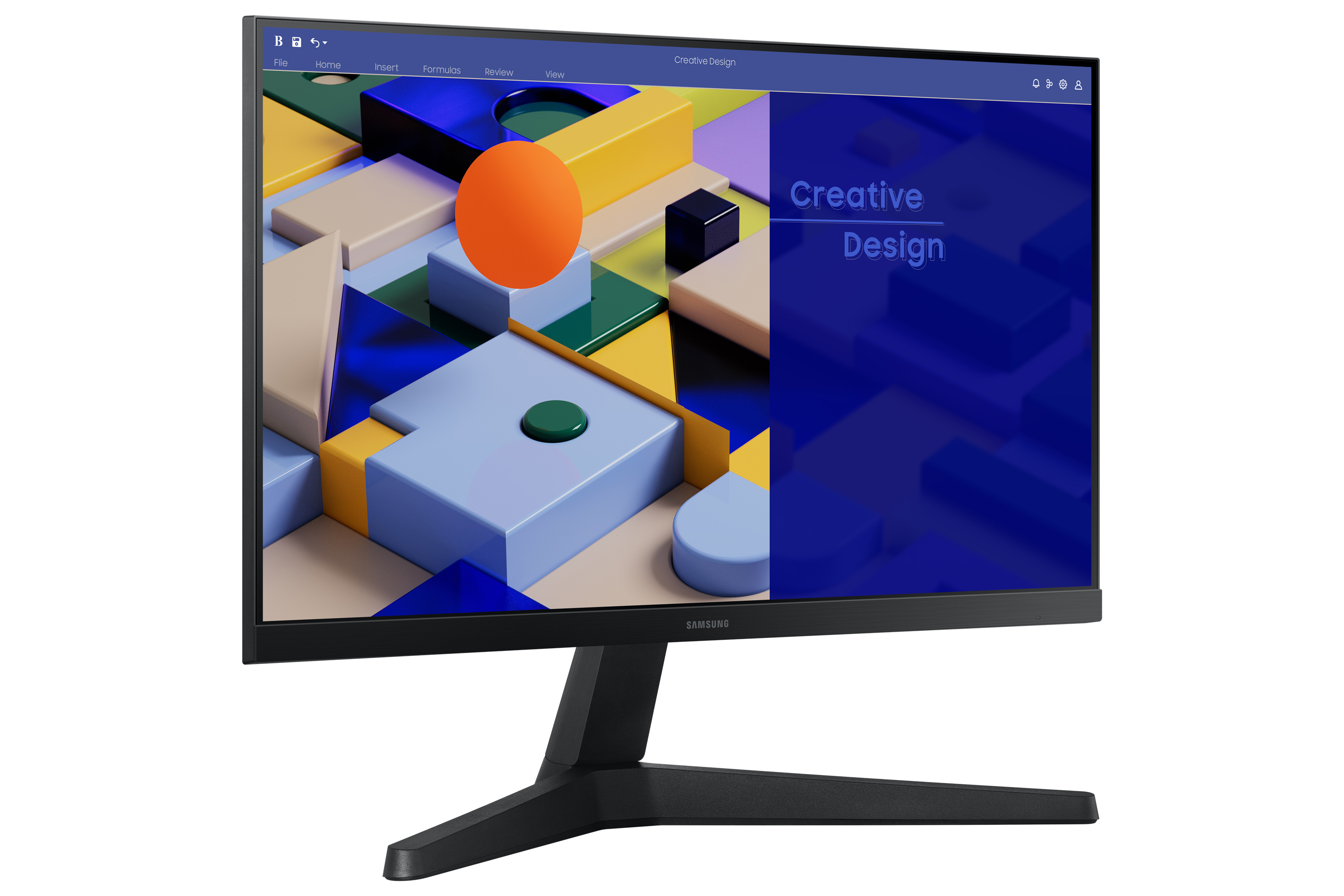 Monitor Samsung che mostra un design astratto colorato con testo 'Creative Design'. Cornice nera.