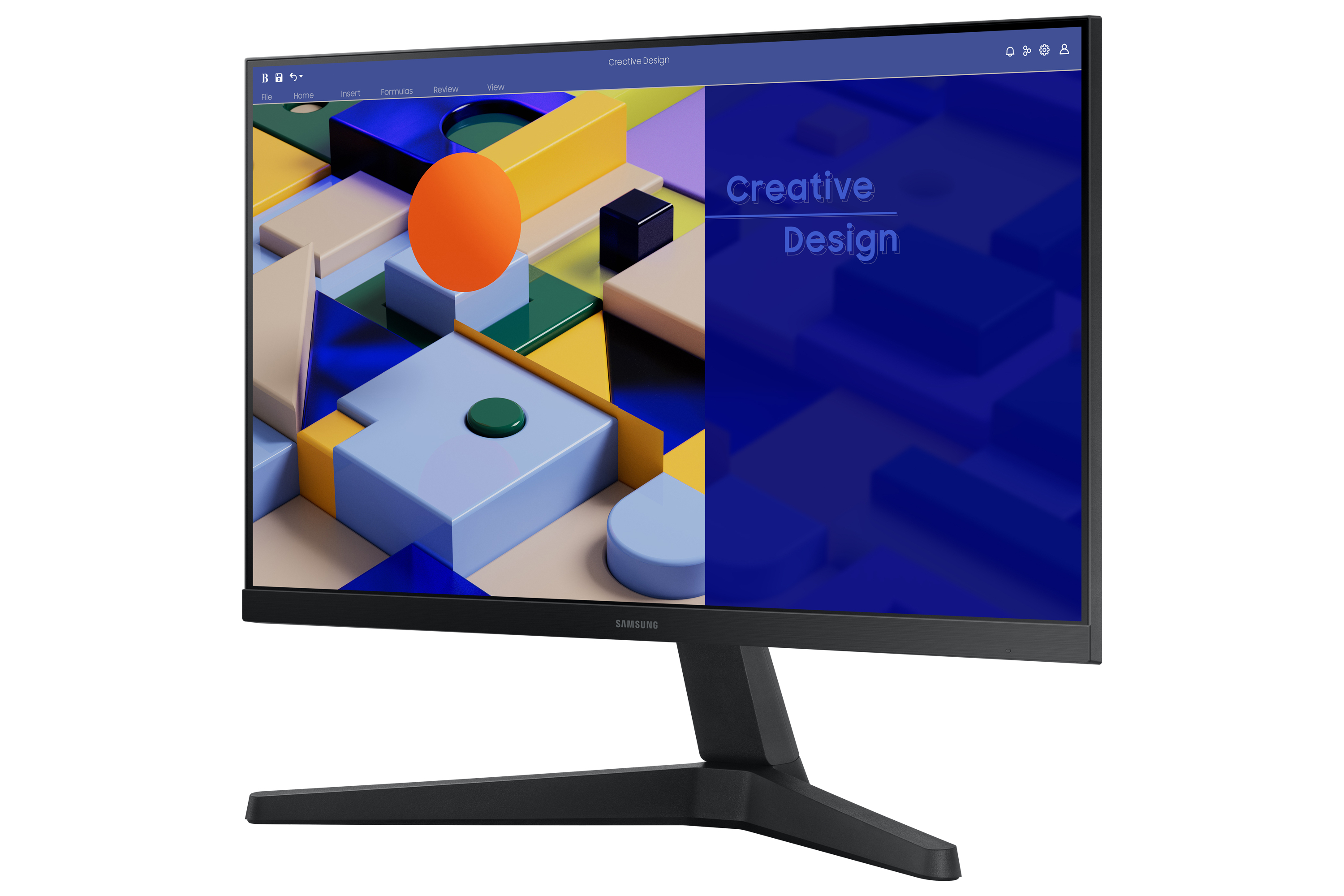 Monitor Samsung con "Creative Design". Cornice e supporto neri. Grafica arancione e blu.