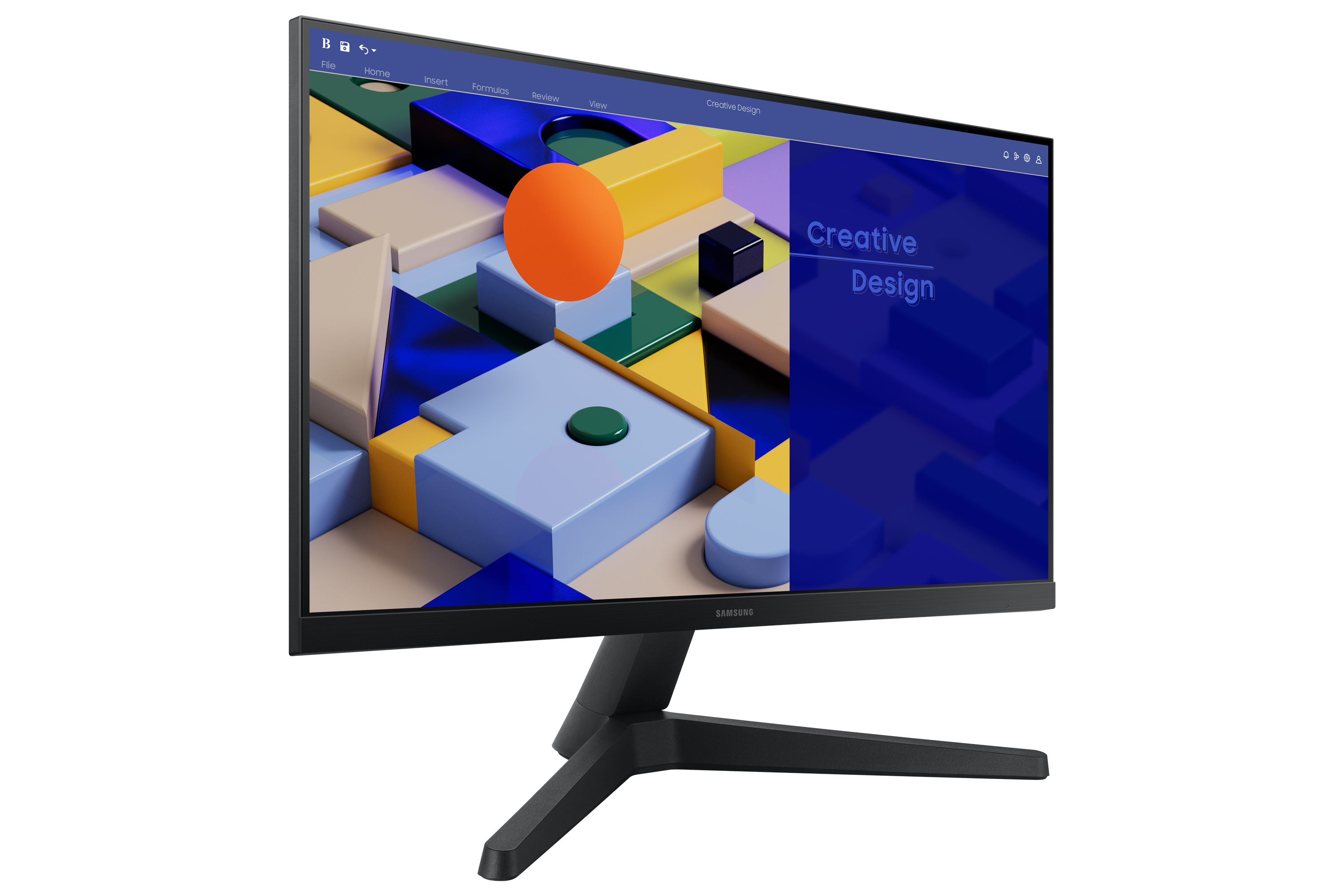 Monitor con grafica di design creativo, cornice e supporto neri.