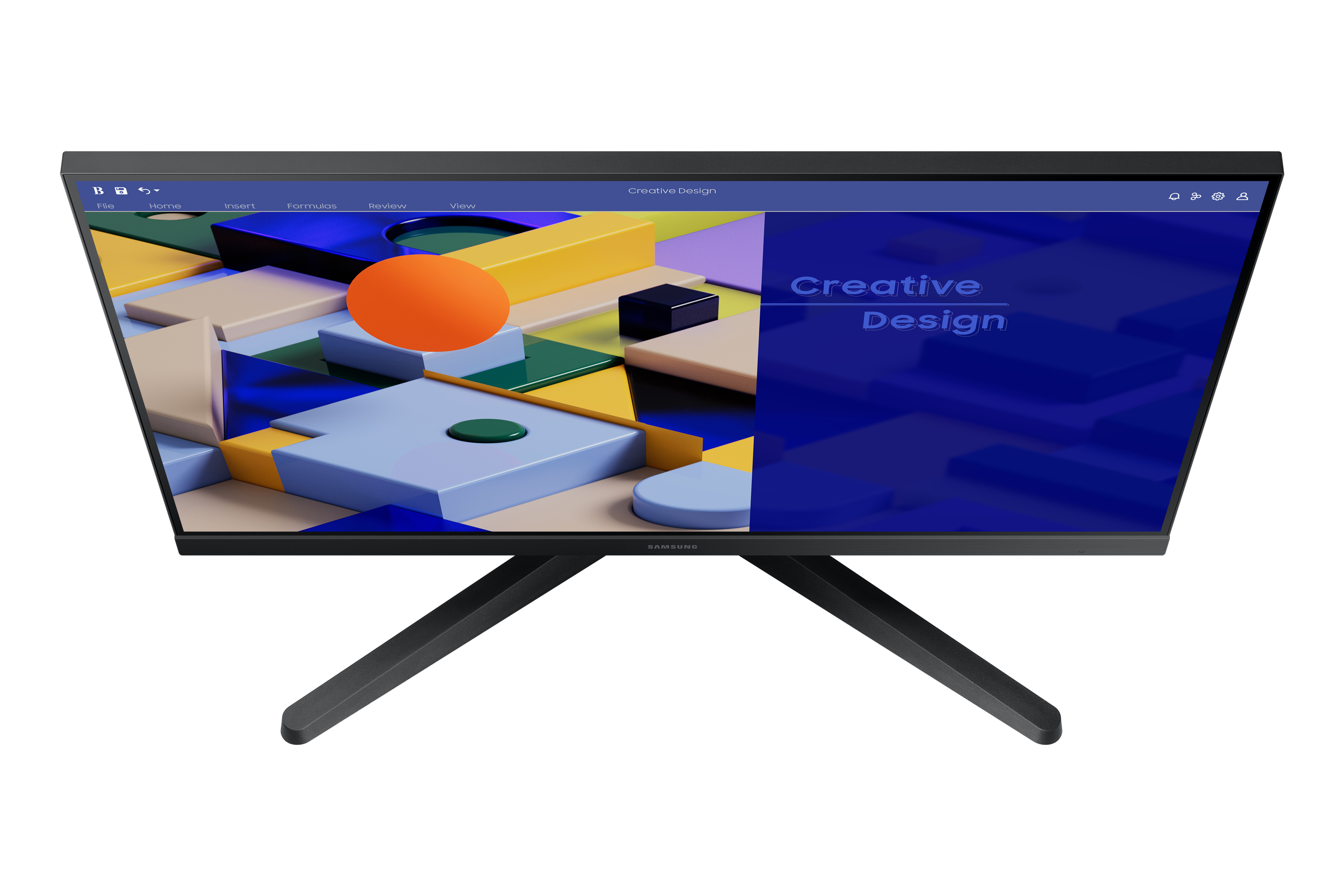 Monitor Samsung, vista aerea. Lo schermo mostra un design creativo su sfondo blu.