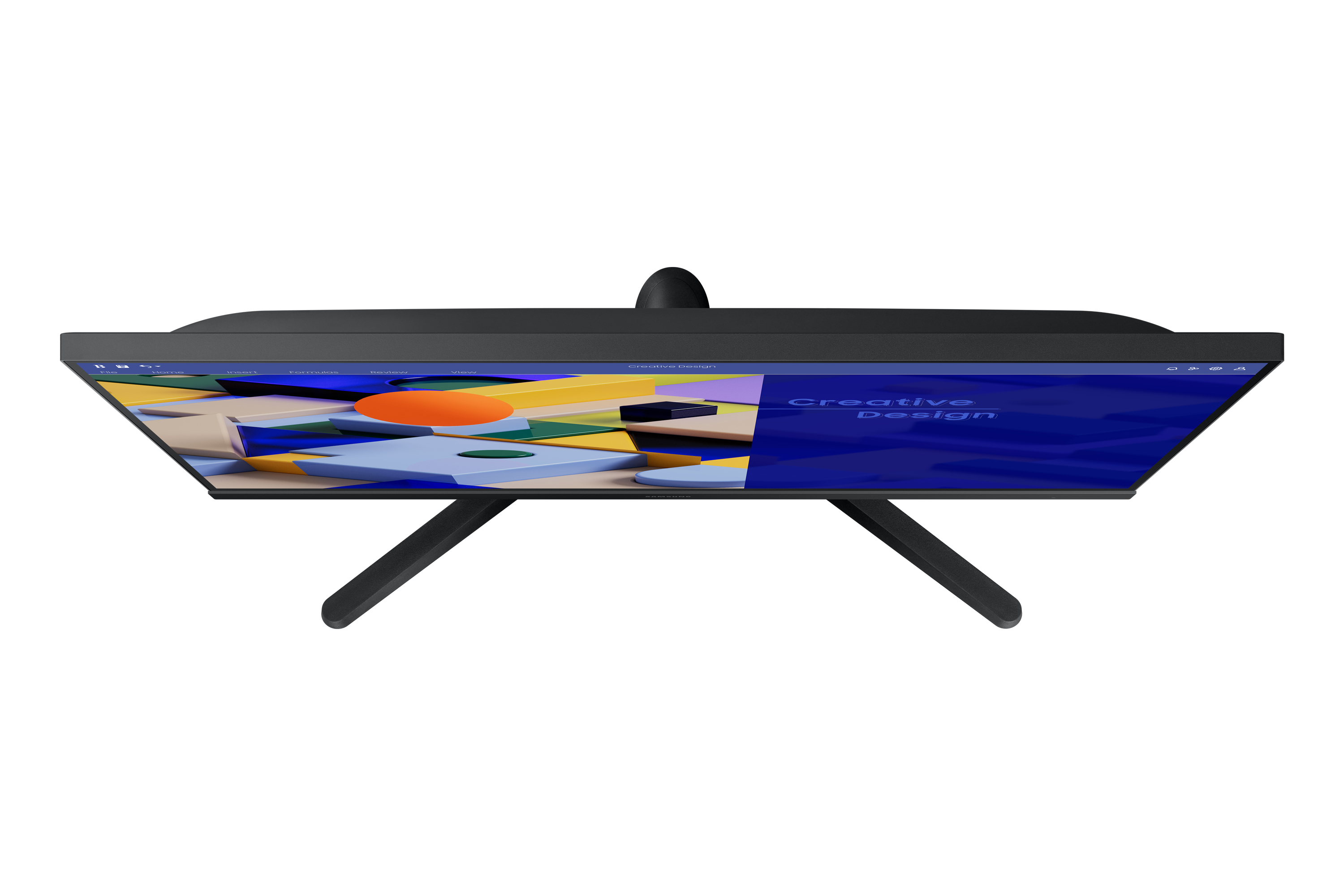 Vista dall'alto di un monitor nero con schermo blu brillante. Lo schermo mostra un design.
