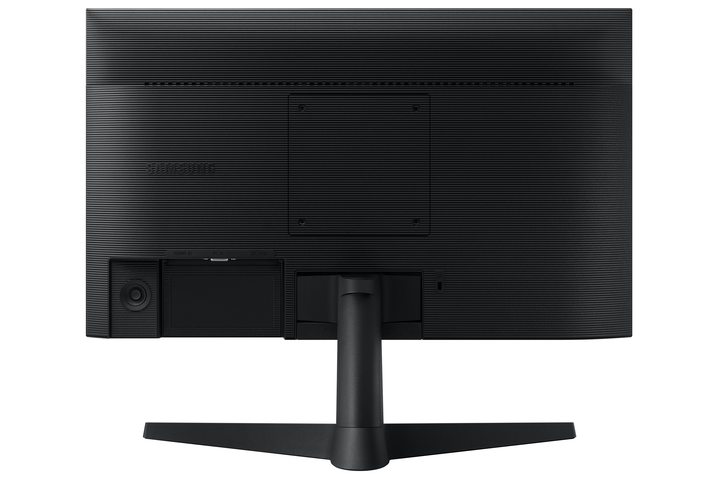 Vista posteriore di un monitor nero con supporto. Ha diverse porte e un logo Samsung.