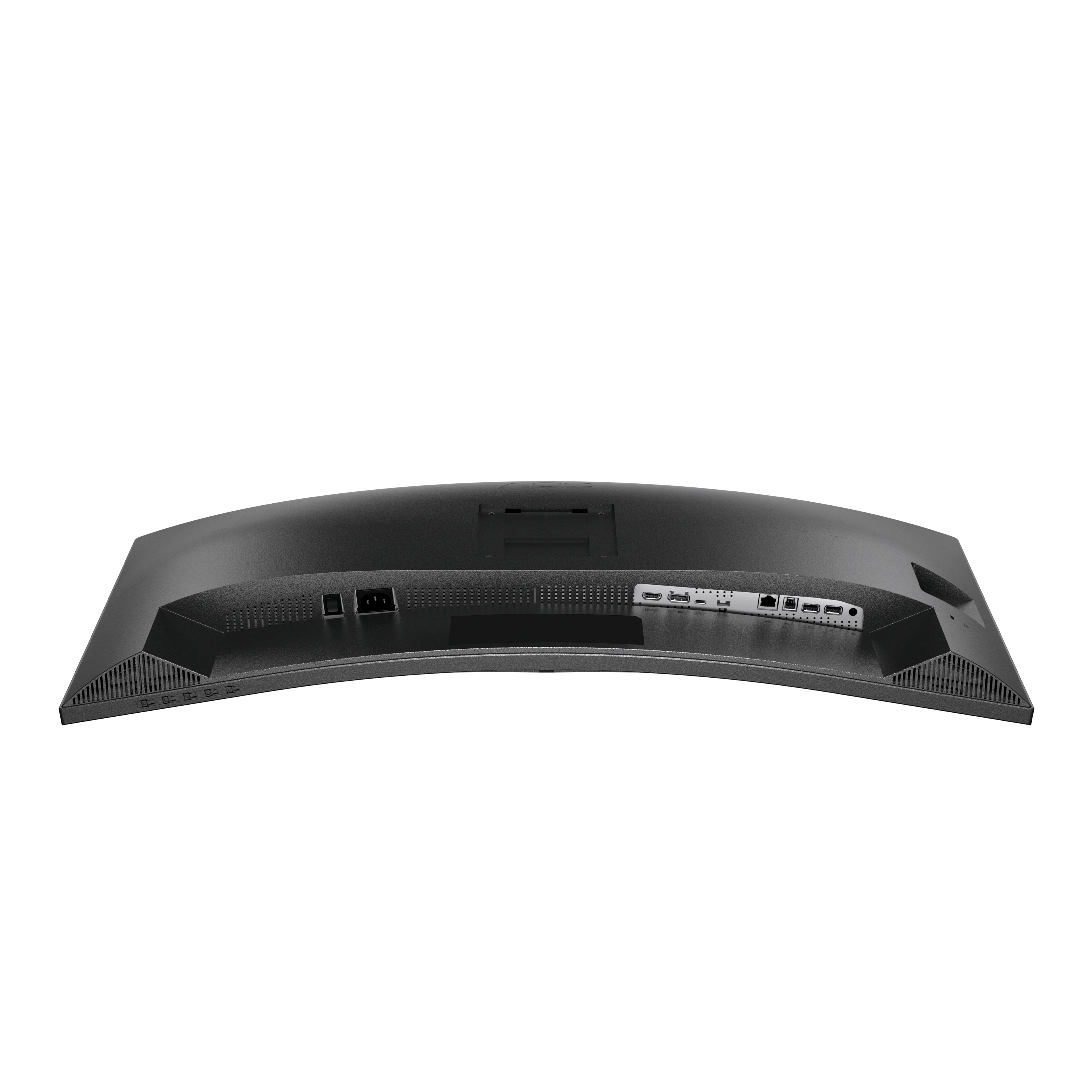 Widok z tyłu zakrzywionego, czarnego monitora z portami i wejściem zasilania.
