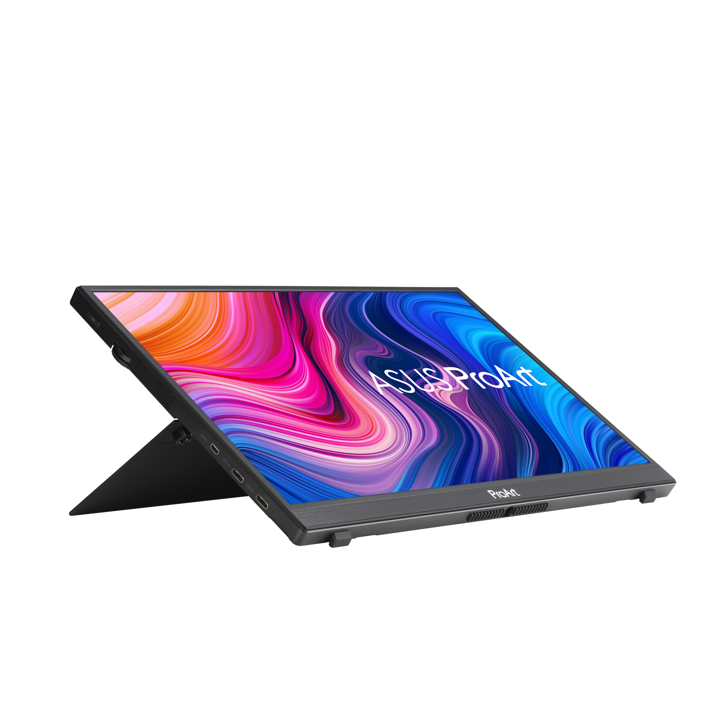 Monitor Asus ProArt, widok pod kątem, z tekstem na wyświetlaczu, na podstawie, białe tło.