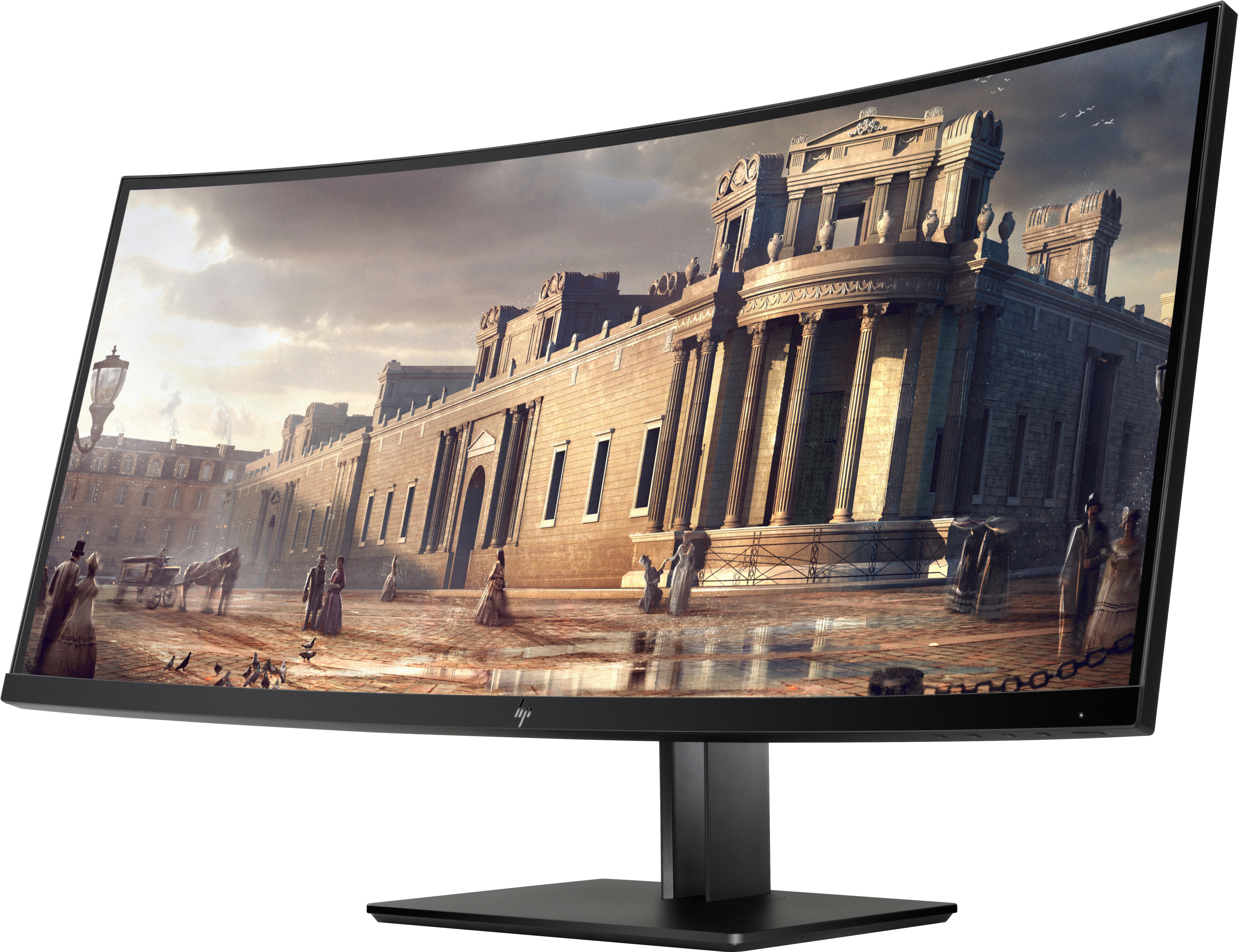 Gebogener Monitor zeigt eine architektonische Szene. Der Monitor ist schwarz mit schwarzem Ständer.