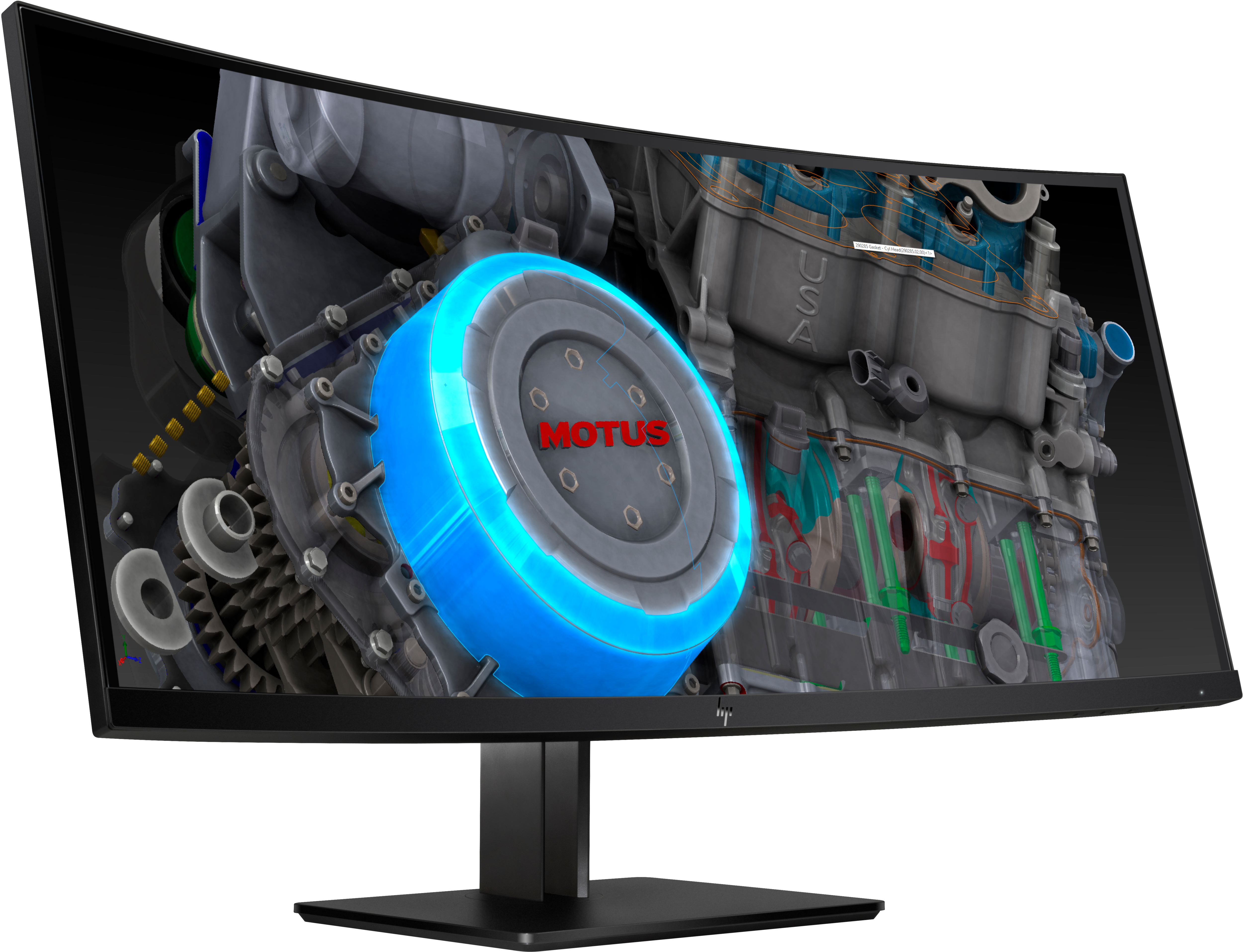 Gebogener Monitor, der eine detaillierte Motorillustration zeigt. Der Monitor ist schwarz.