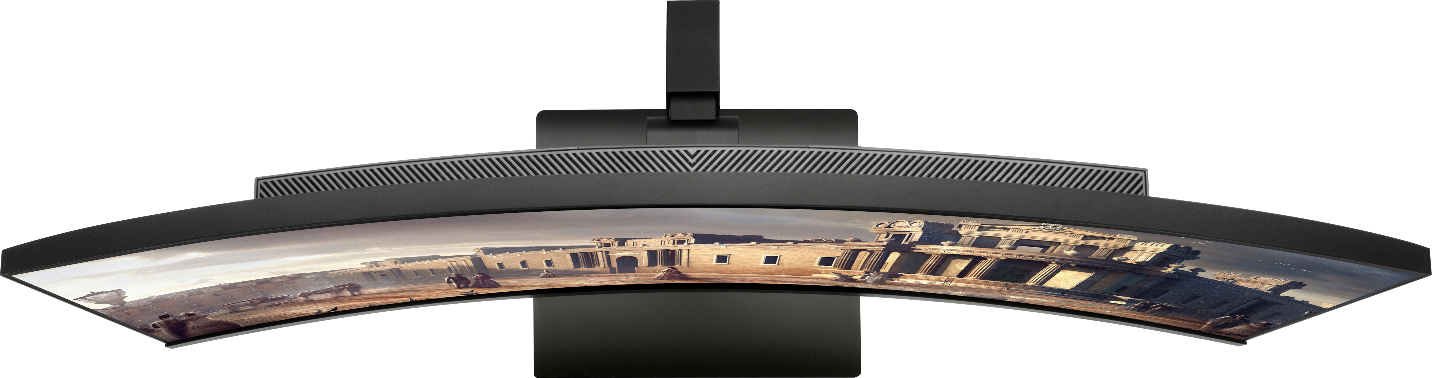 Gewölbter Monitor mit Luftaufnahme eines Gebäudes und Landschaft.