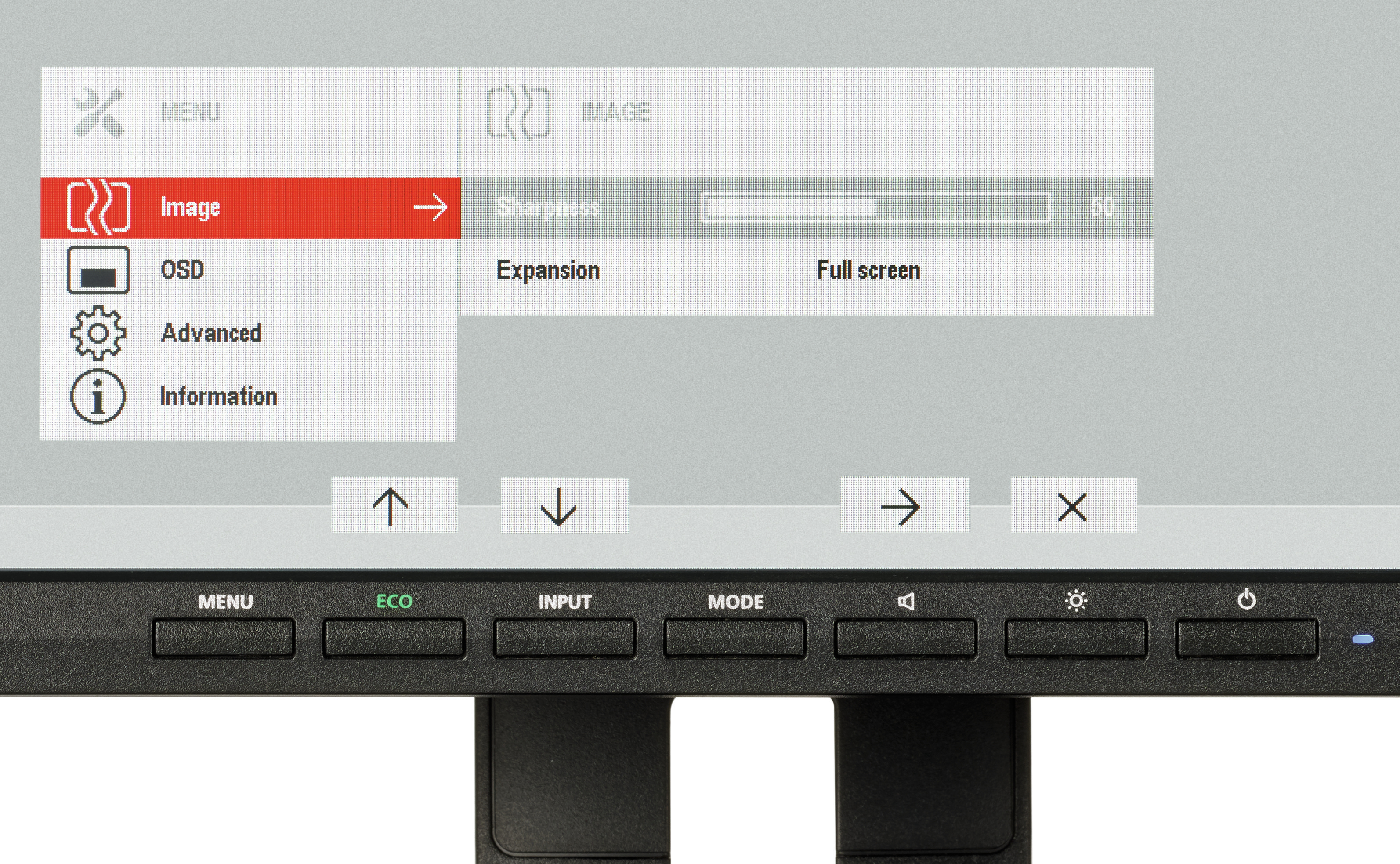 Interfaz de menú del monitor con ajustes de imagen. Opciones incluyen nitidez y expansión, con botones abajo.