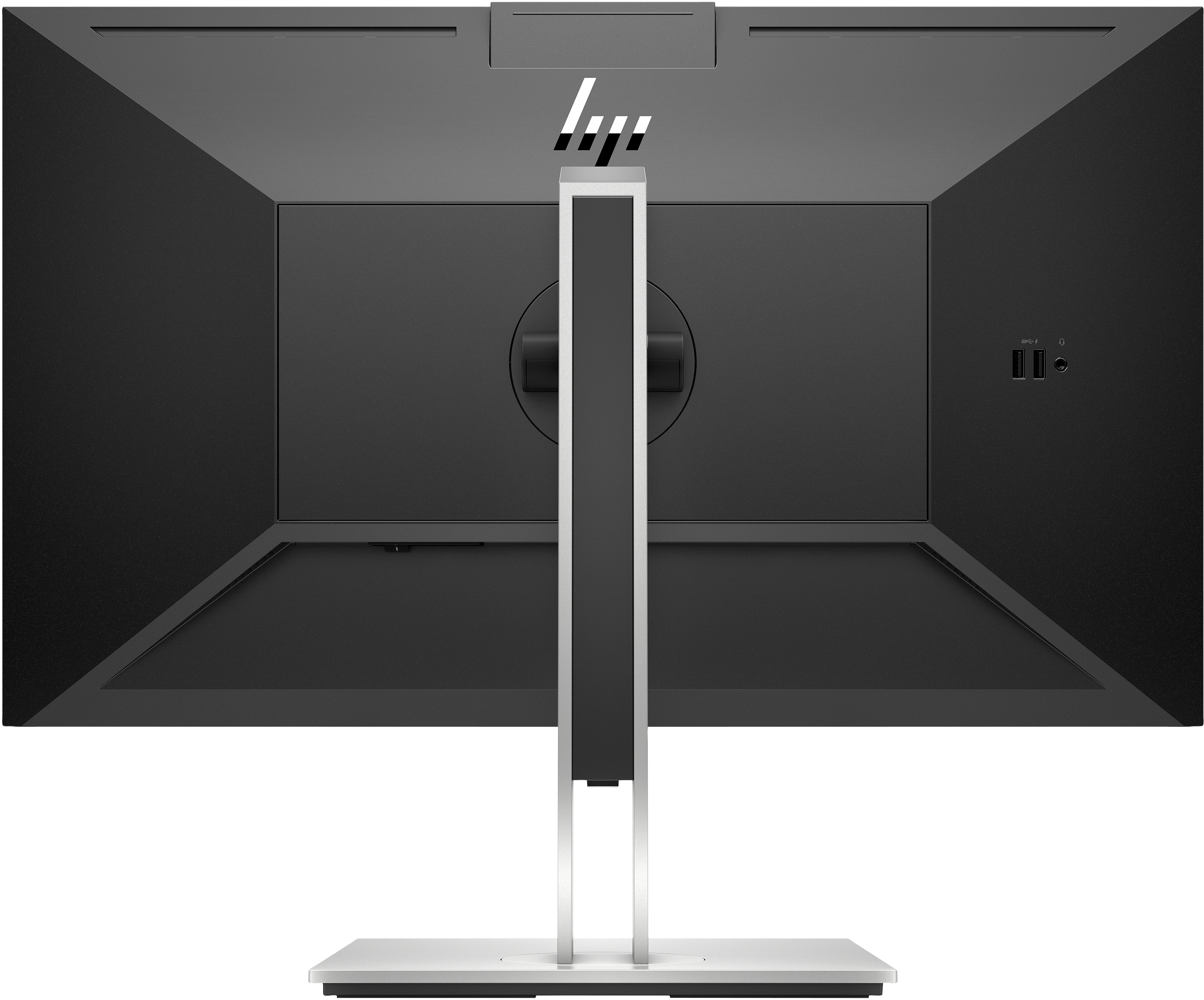 Retro di un monitor nero, con supporto e logo HP.