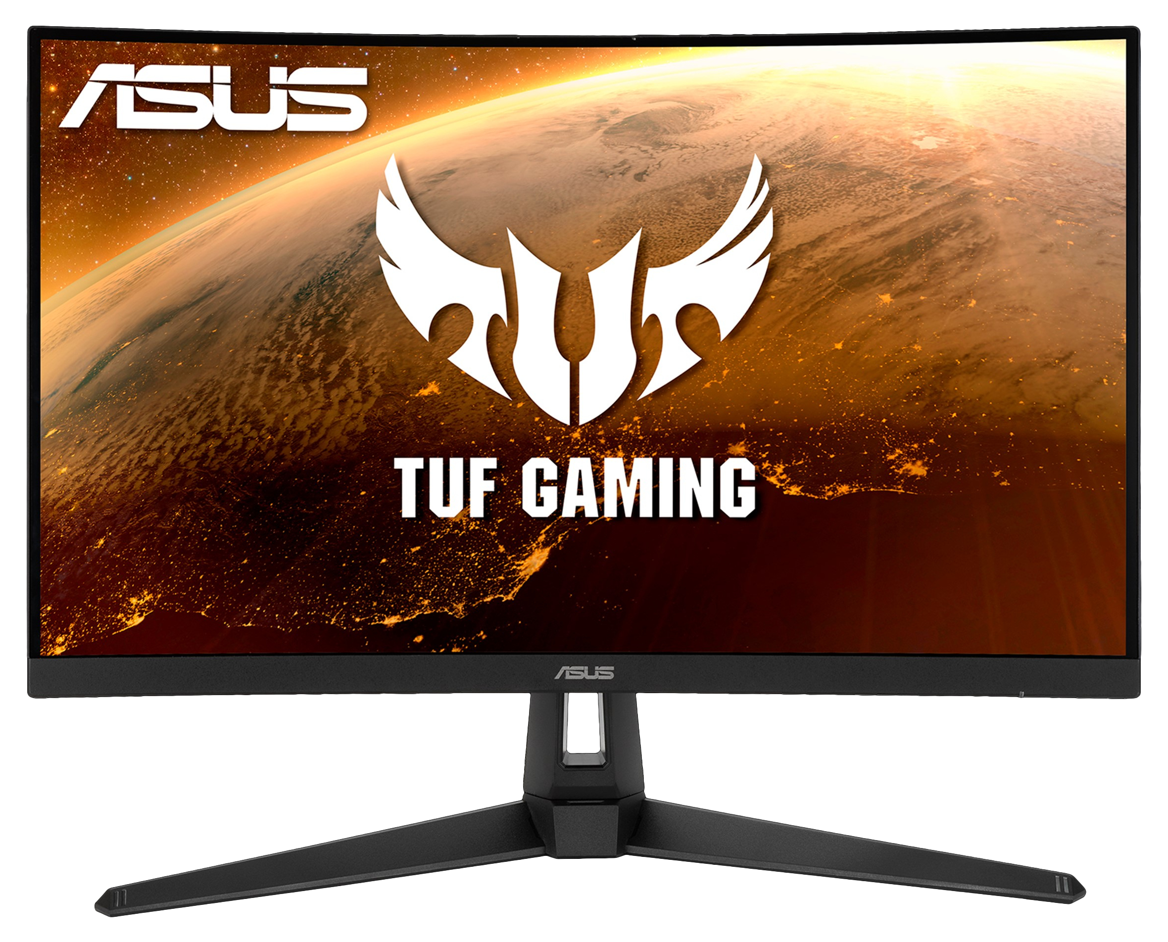 Monitor ASUS TUF Gaming wyświetla scenę kosmiczną. Ma zakrzywiony ekran i czarną podstawę na białym tle.