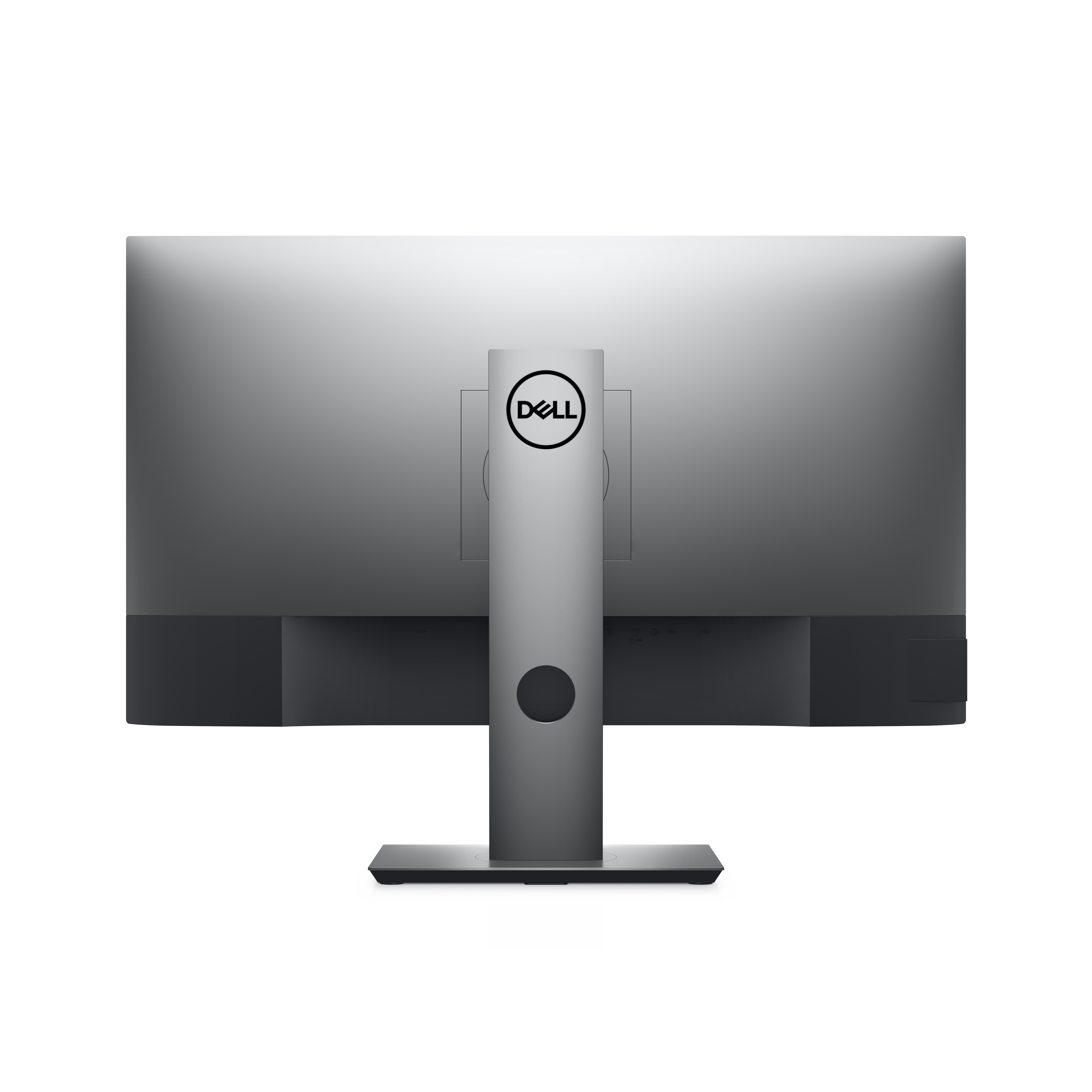 Rückseite eines Dell-Monitors mit Logo und Standfußdetails sichtbar.