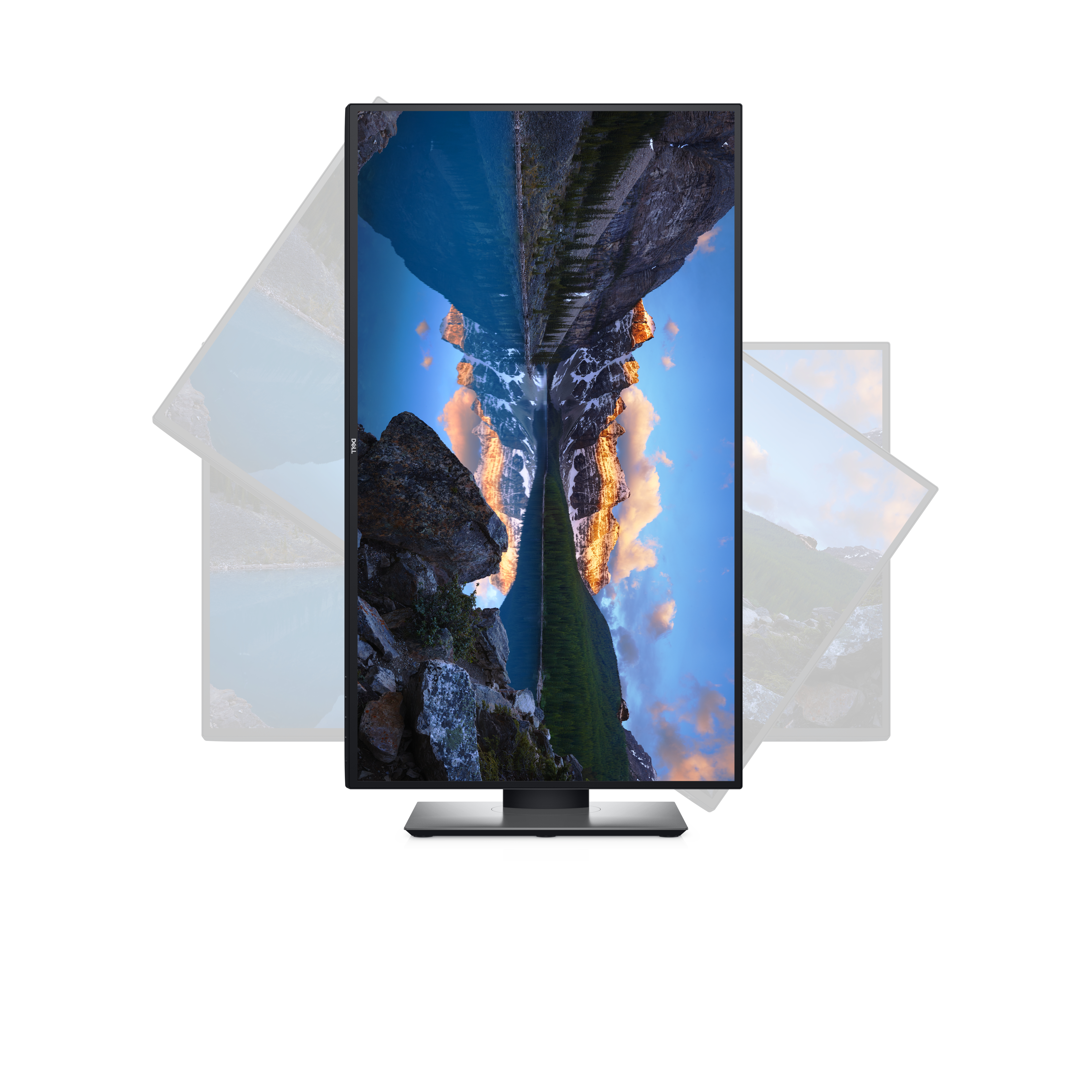 Der Monitor zeigt eine Berglandschaft. Das Bild ist halbiert, die Oberseite ist invertiert.
