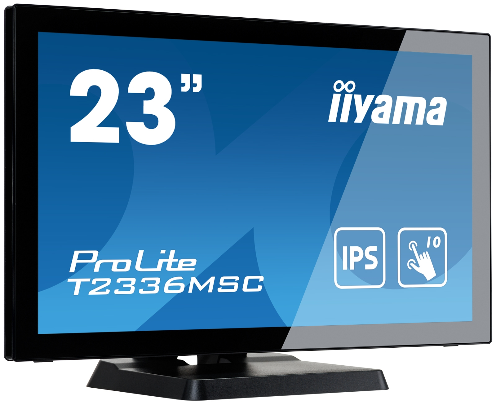 Monitor táctil de 23 pulgadas, marco negro, fondo azul, texto blanco.