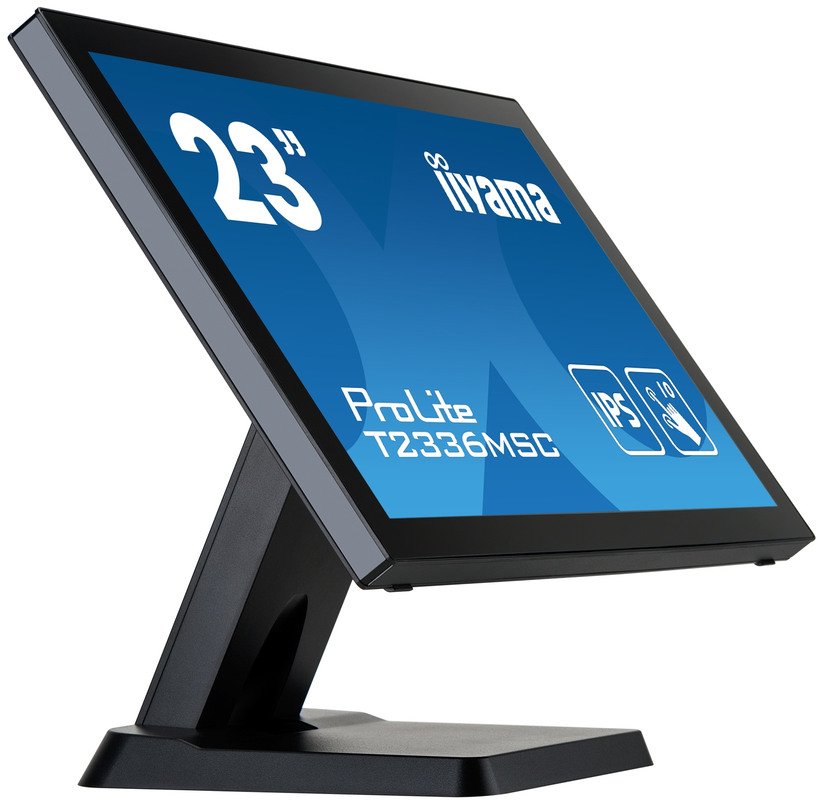 Un monitor táctil Iiyama negro con pantalla inclinada, mostrando '23"' y detalles de la marca.