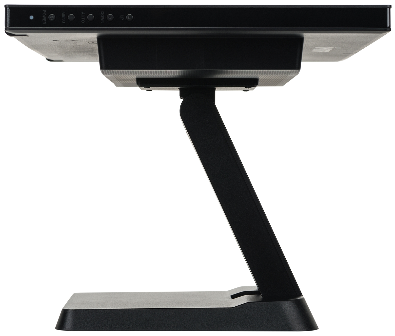 Monitor negro visto desde abajo, mostrando soporte y botones de control.