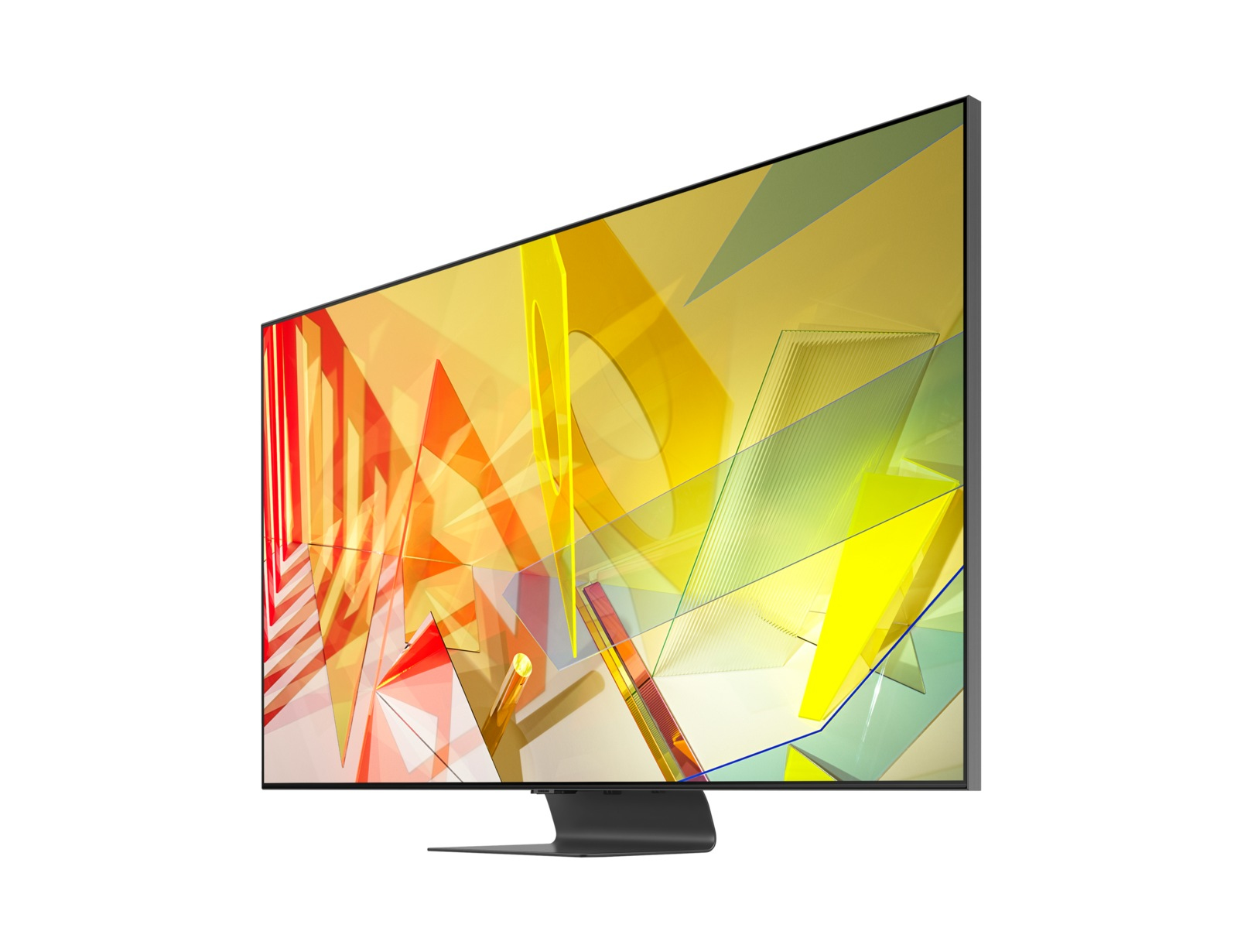 Monitor wyświetlający kolorowy, abstrakcyjny, geometryczny wzór, z zakrzywioną ramką.